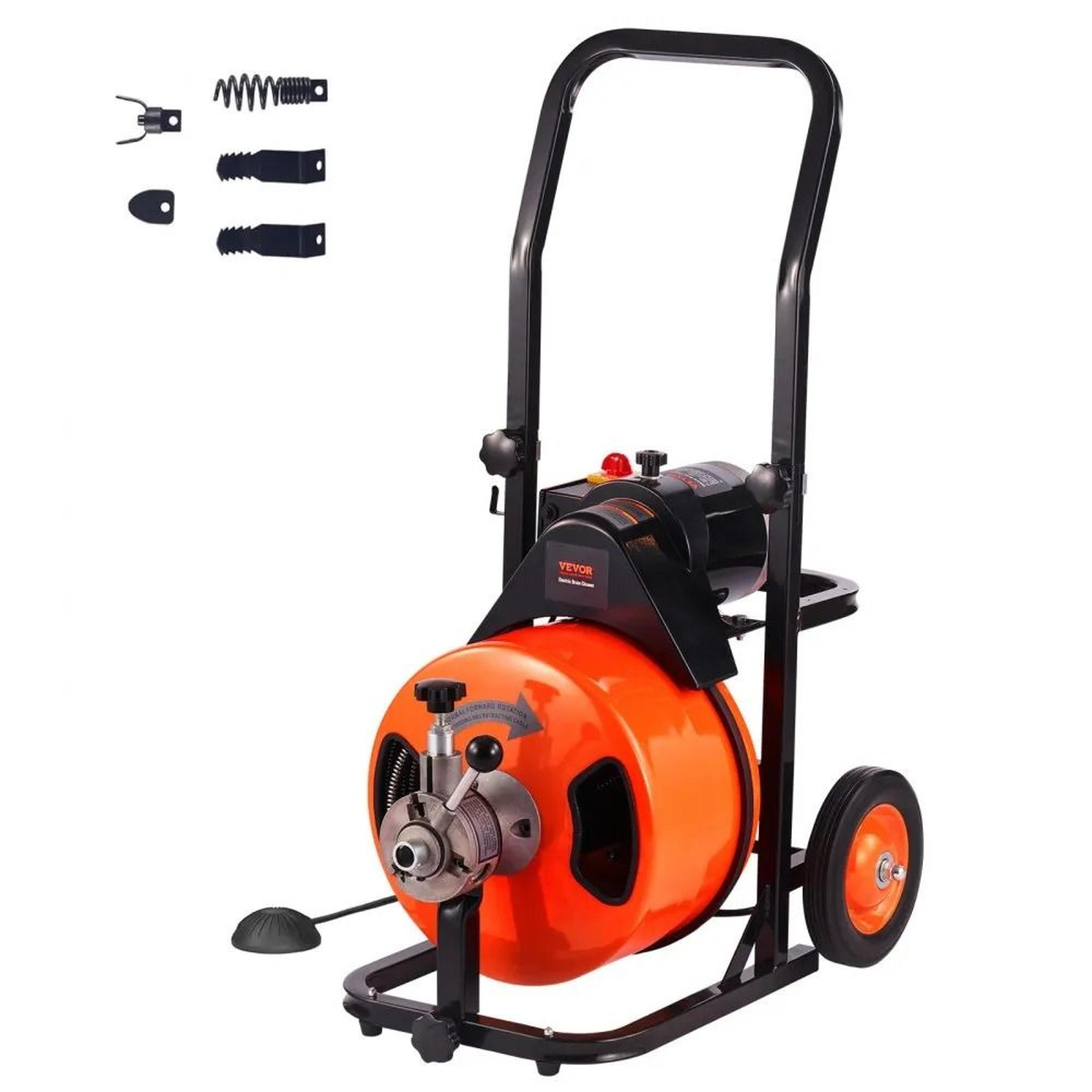 electric drain auger, powerful sewer cleaner machine with auto feed, interchangeable cutters, air foot switch