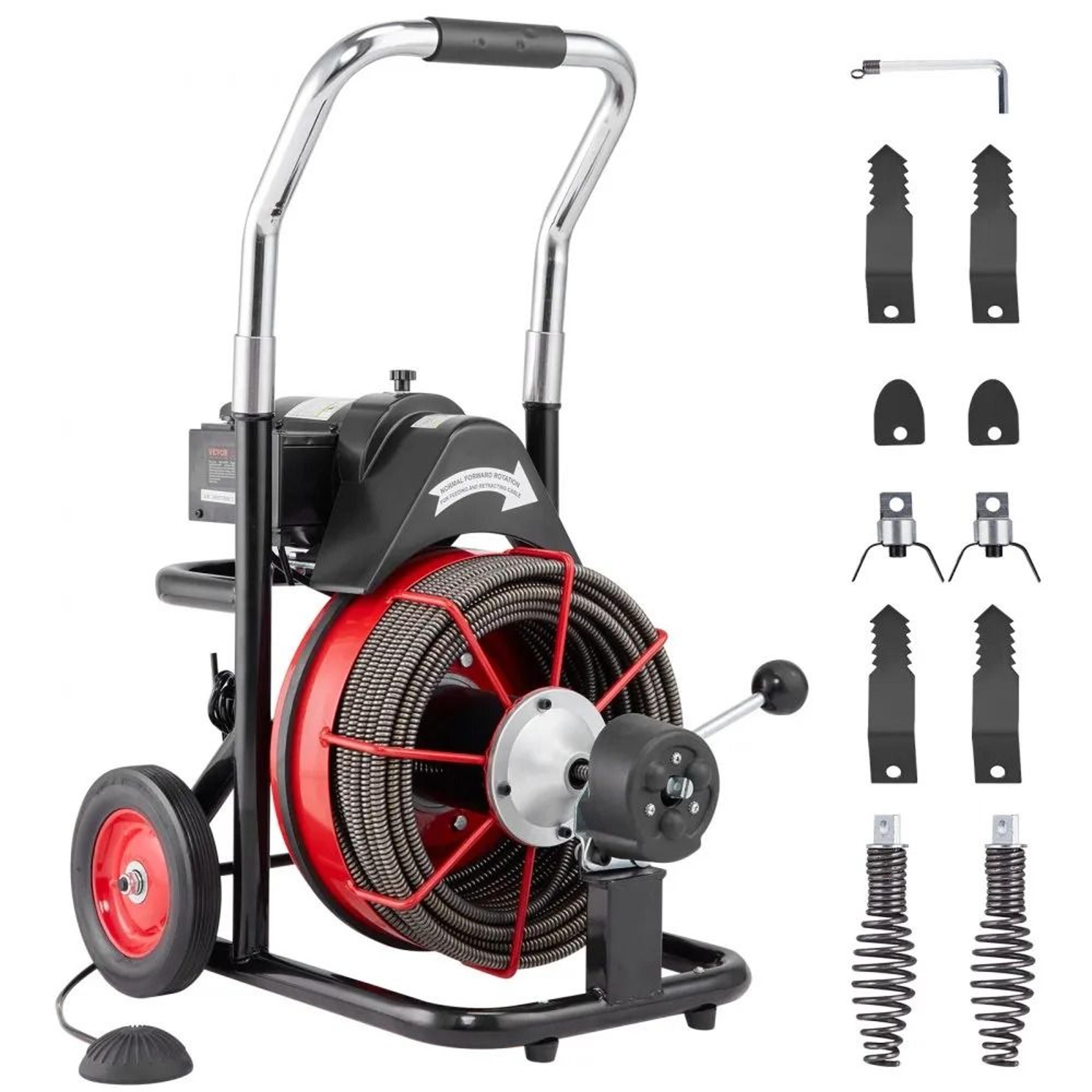 portable drain cleaning machine, drain cleaner machine, auto feed sewer snake auger on wheels, air-activated foot switch