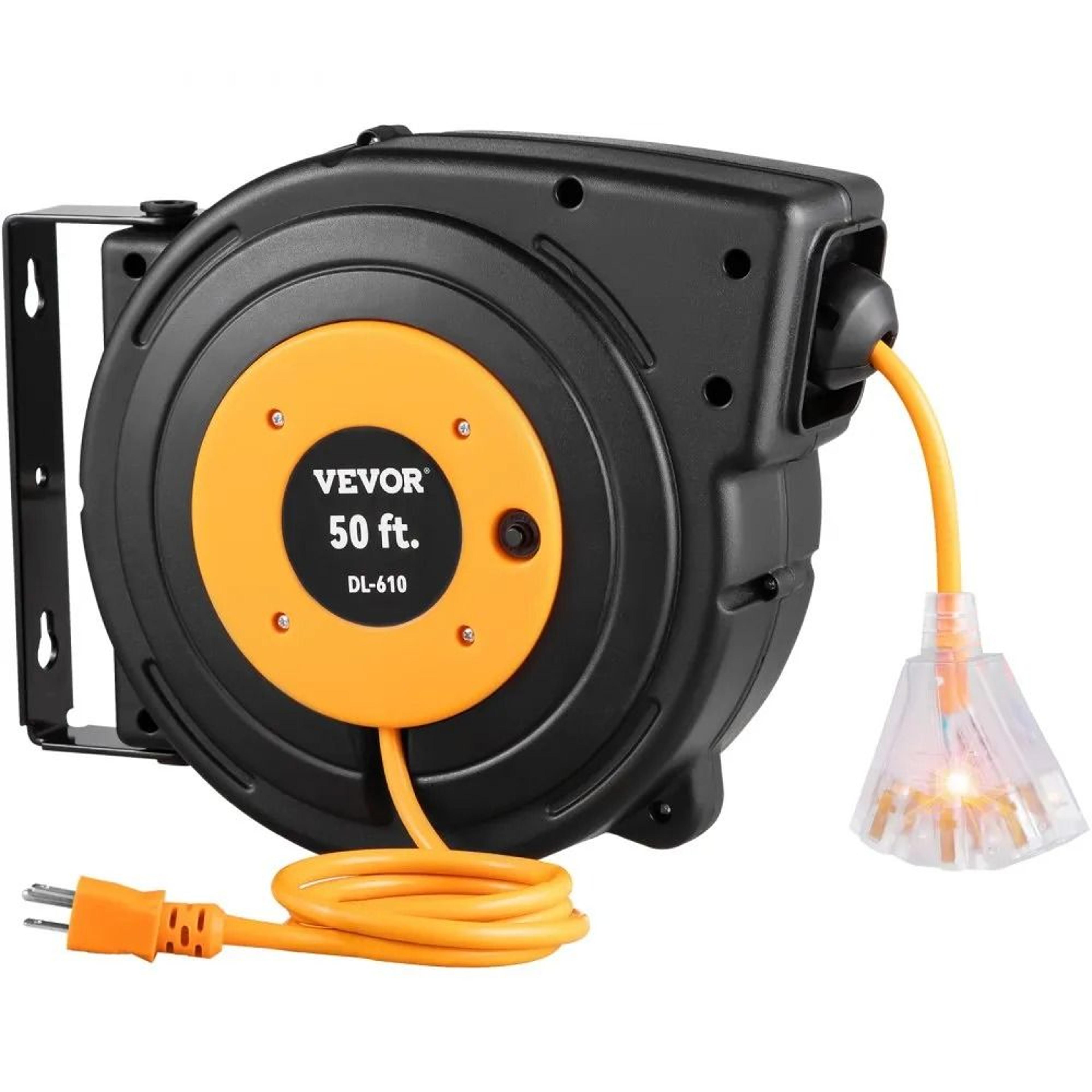 retractable 50ft power cord reel, sjtow heavy duty extension cord reel for garage and workshop