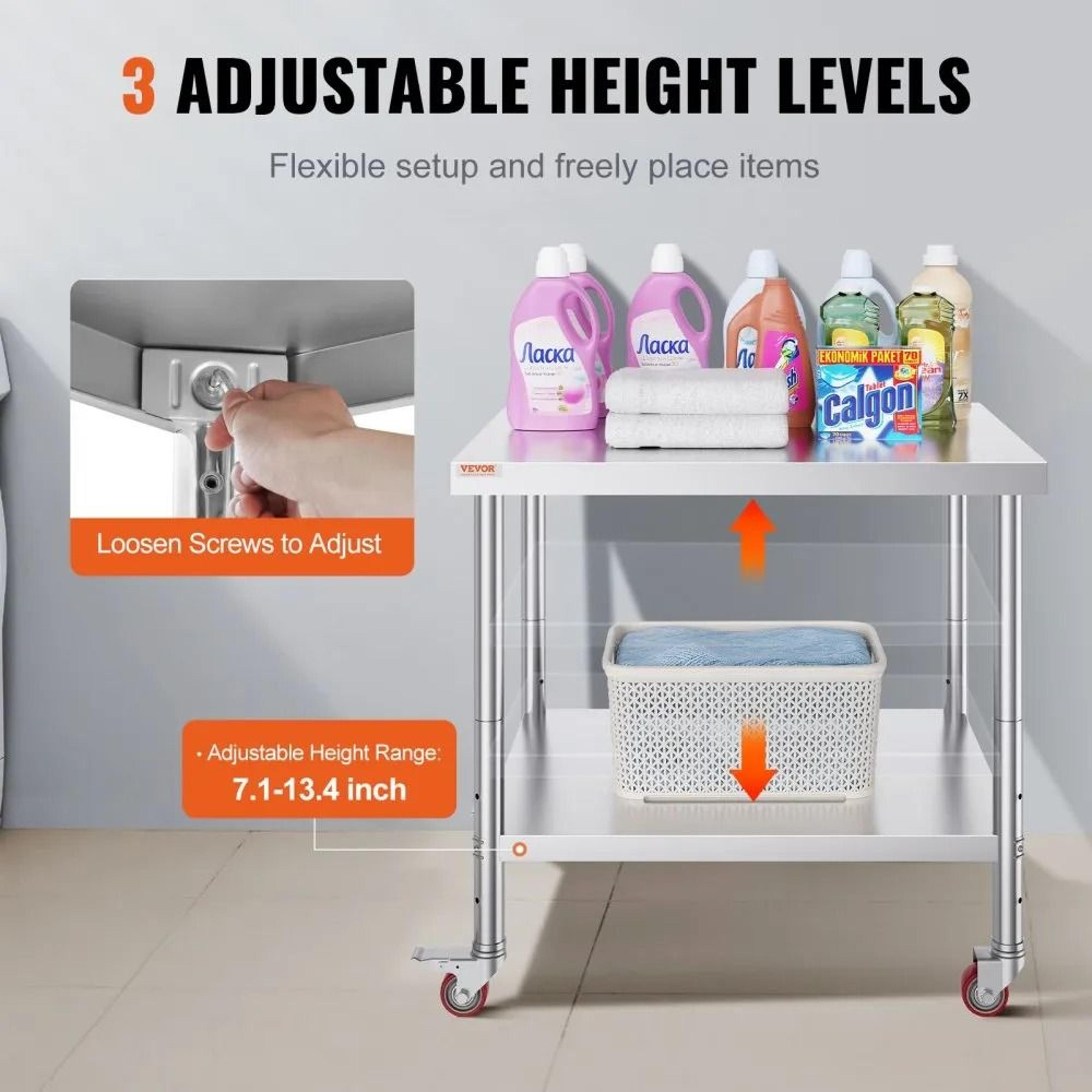 Heavy Duty Stainless Steel Work Table High LBS Load Commercial Prep Table Adjustable Shelf Levels R 3