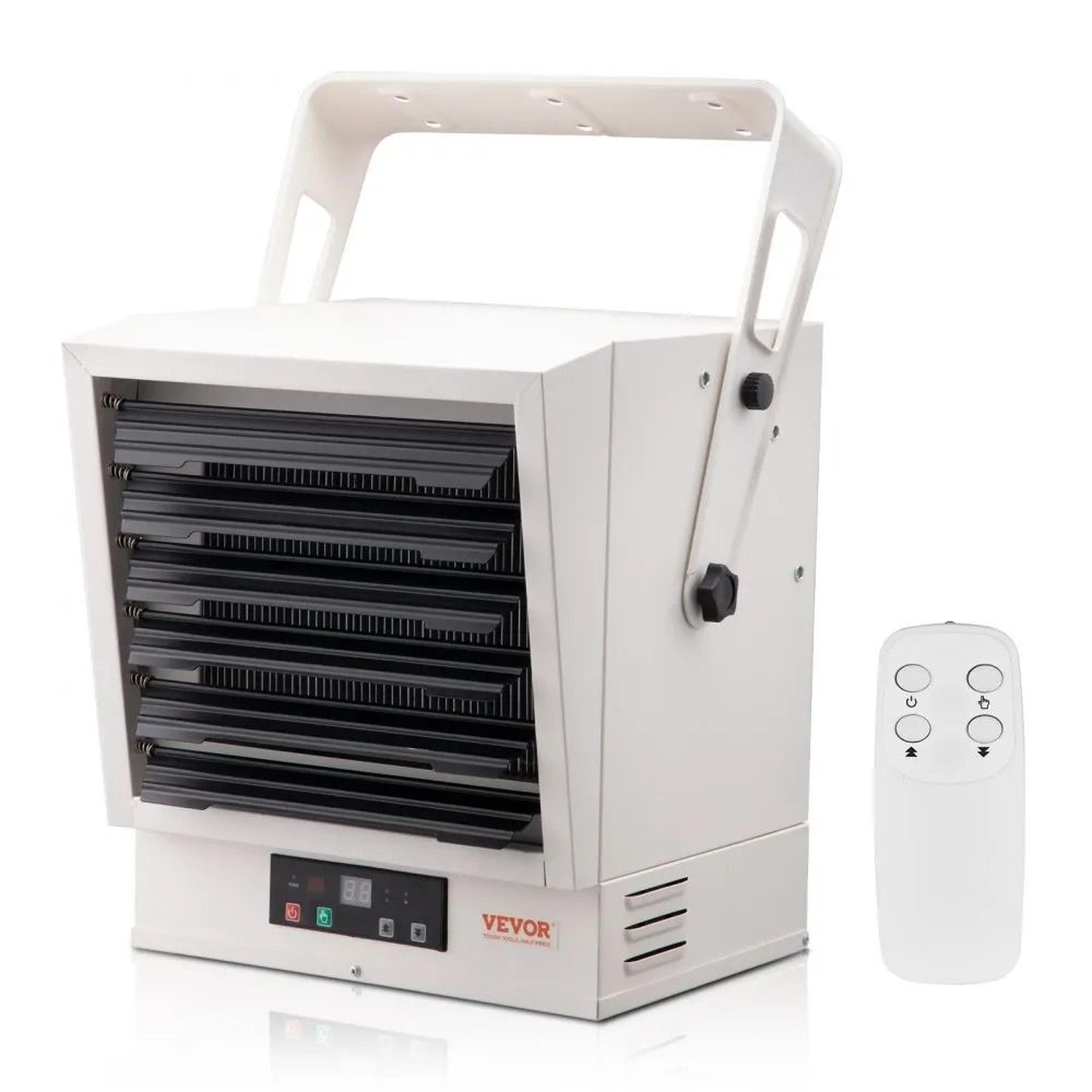 digital electric garage heater, wall ceiling mount shop heater, remote control, overheat protection, hardwired heater