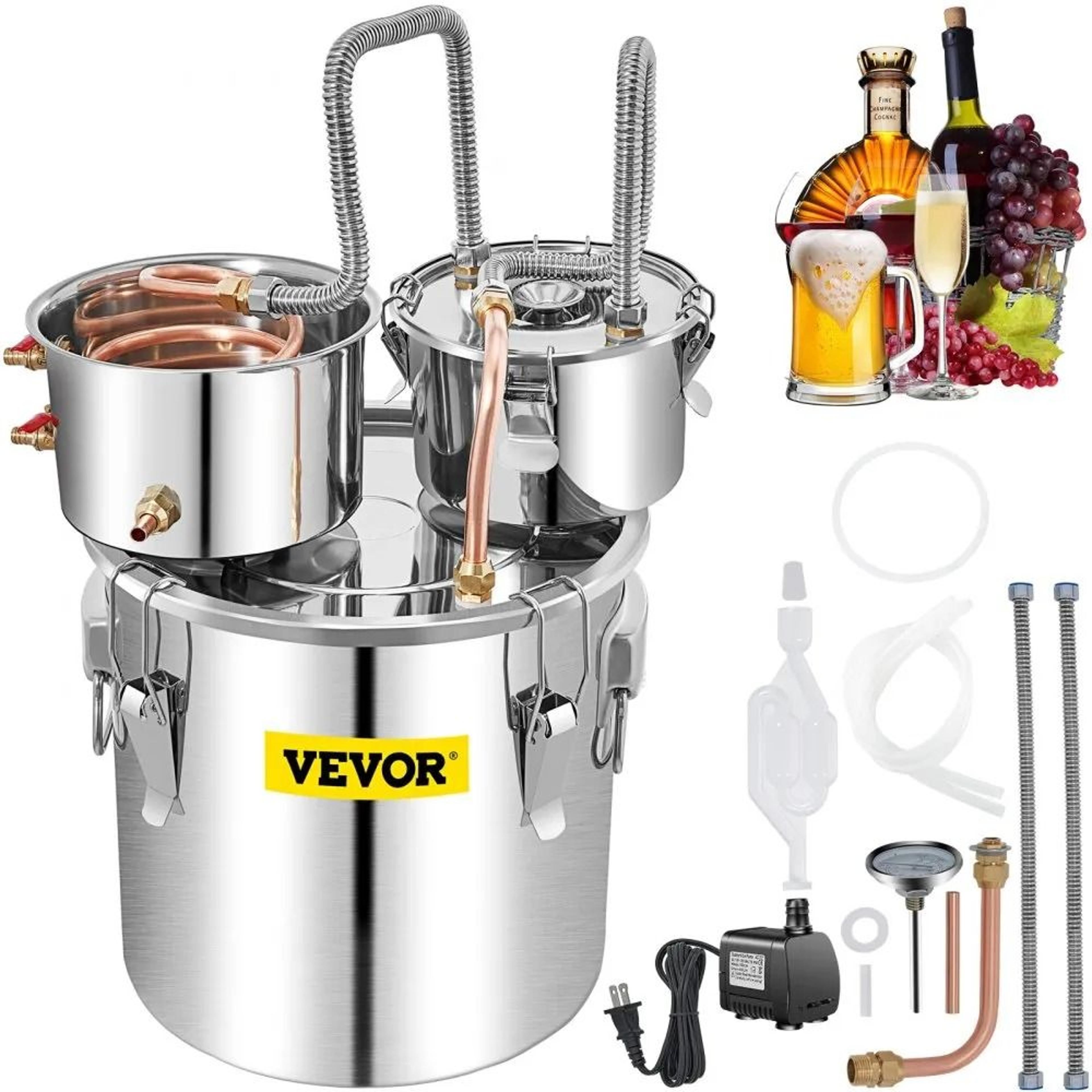 stainless steel alcohol still, copper tube water alcohol distiller home brewing kit with built in thermometer