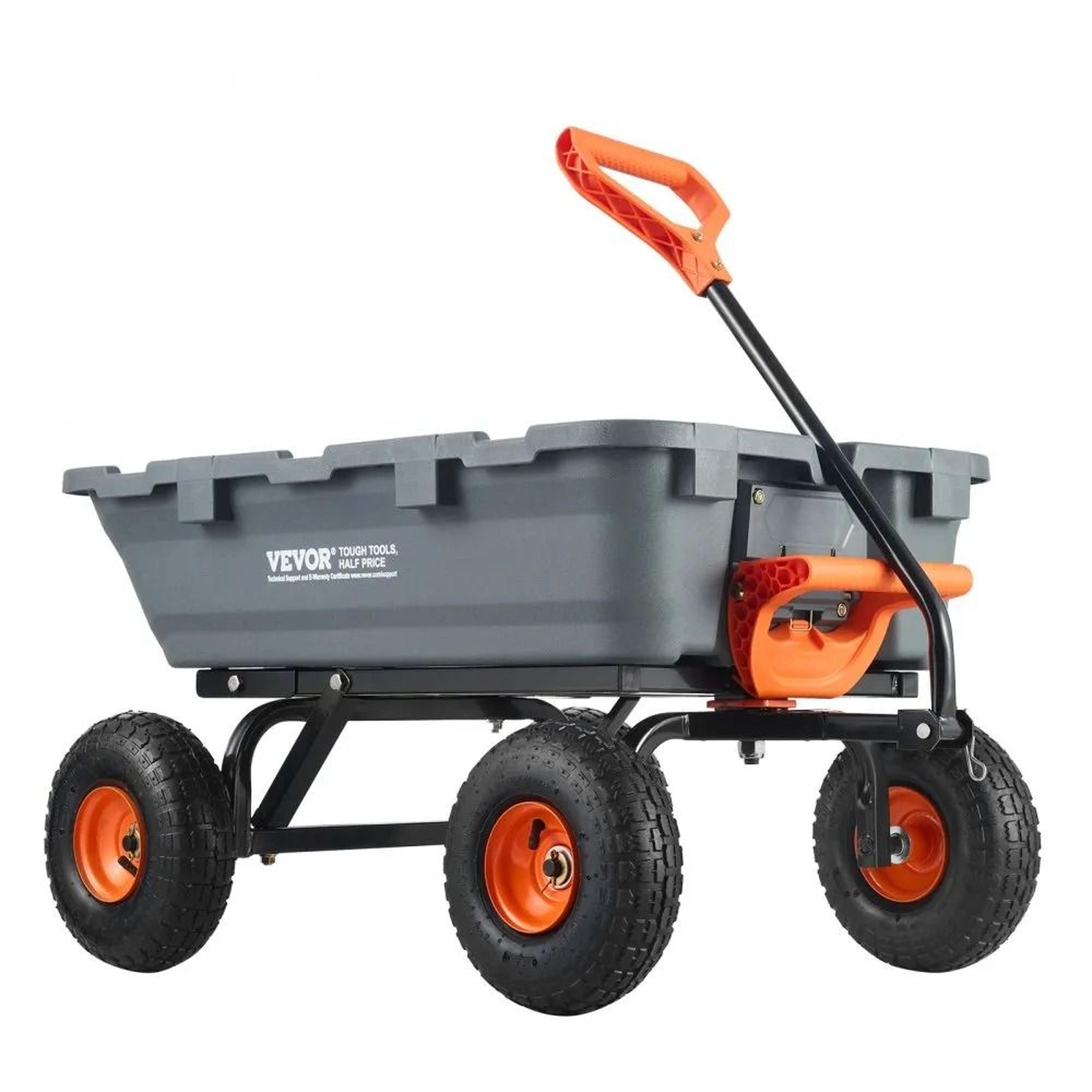durable poly dump cart, garden cart with simple assembly steel structure, versatile dump wagon with dual-function handle