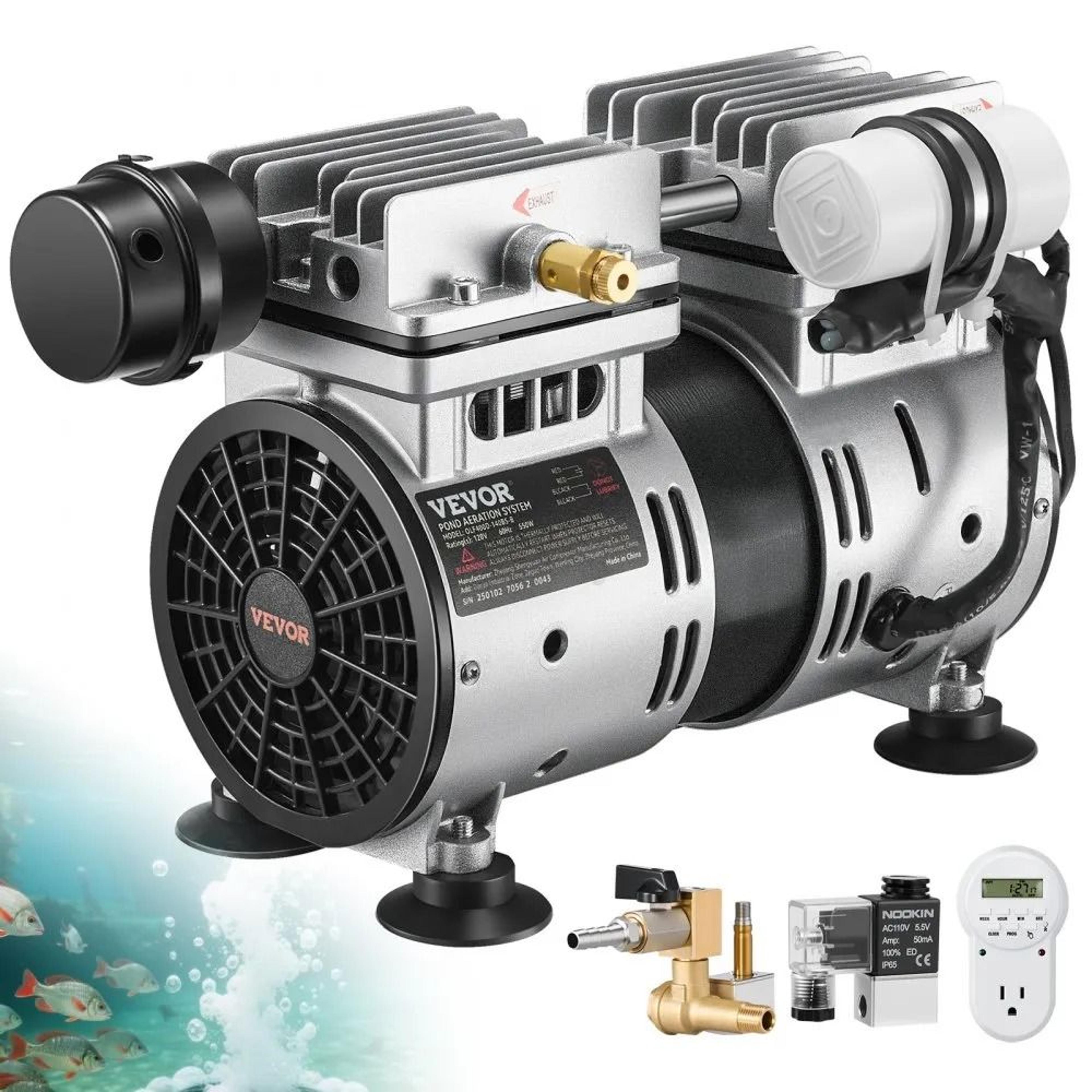 pond aeration kit, high w power, hp compressor, air compressor for pond and lake, timer and valves, oxygen circulation