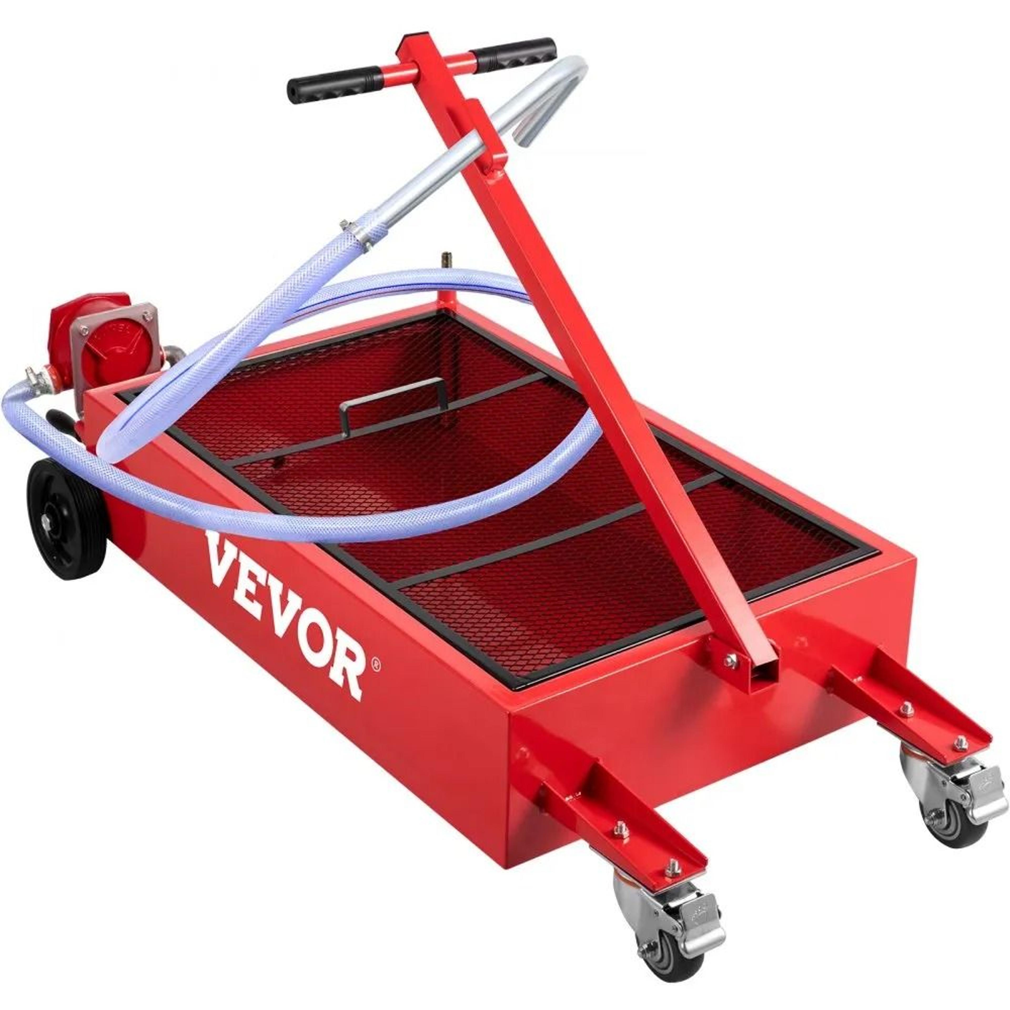 low profile oil drain, oil drain tank, large capacity oil change pan, swivel casters, foldable handle, with pump hose