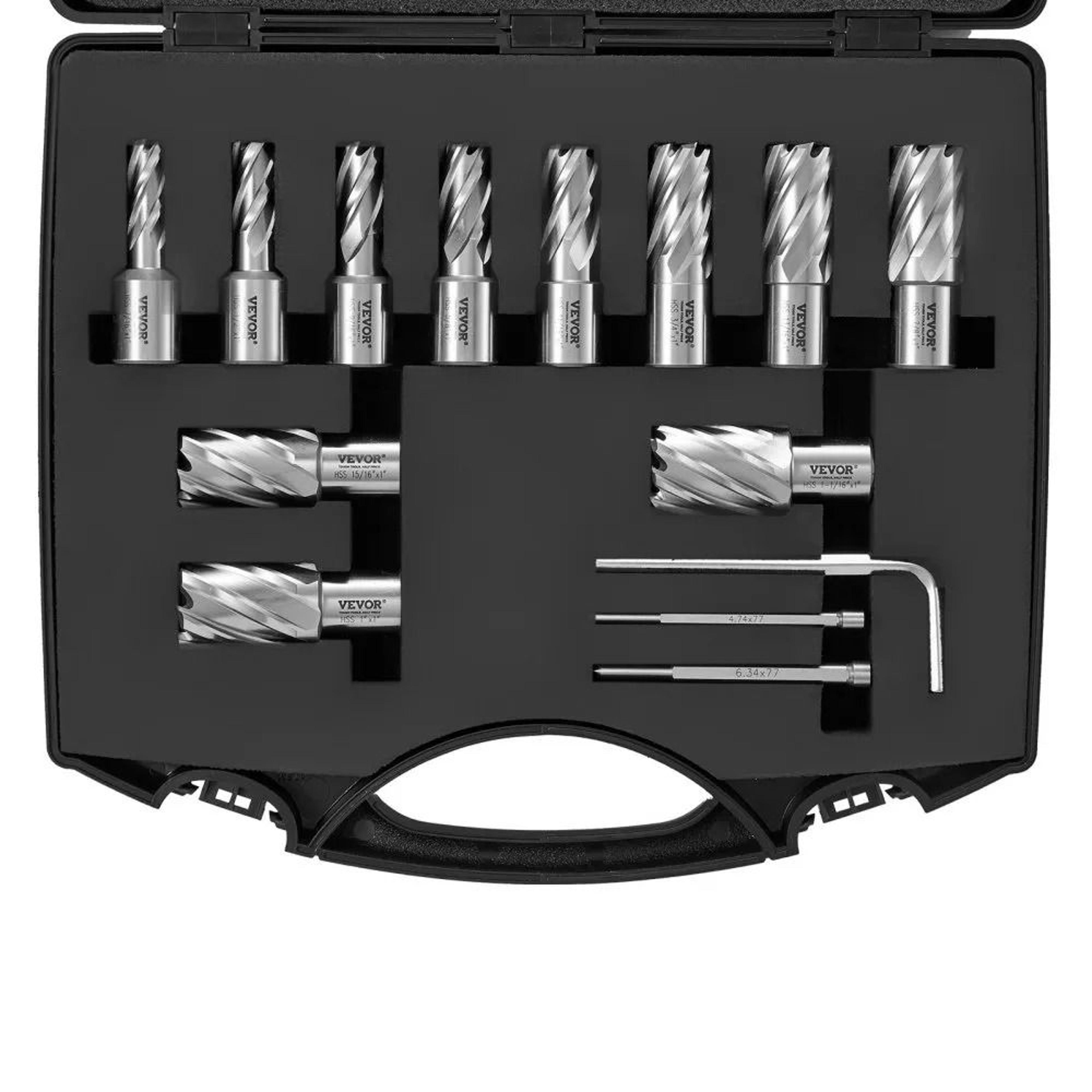 weldon shank mag drill bits, annular cutter set, m2al hss, cutting depth, cutting diameter, portable case, hex wrench