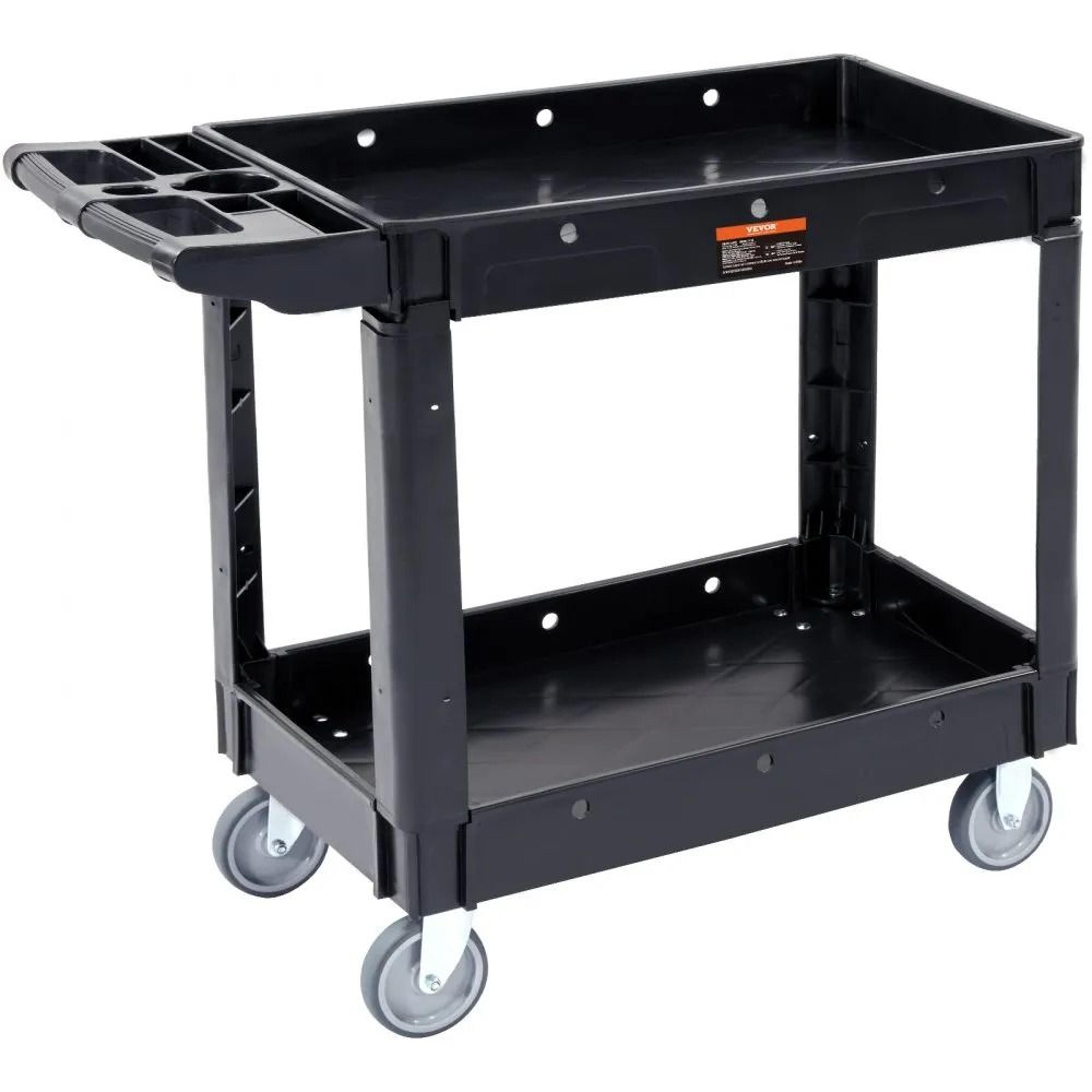 heavy duty utility service cart, 2 shelf design, plastic rolling utility cart with swivel wheels and ergonomic handle