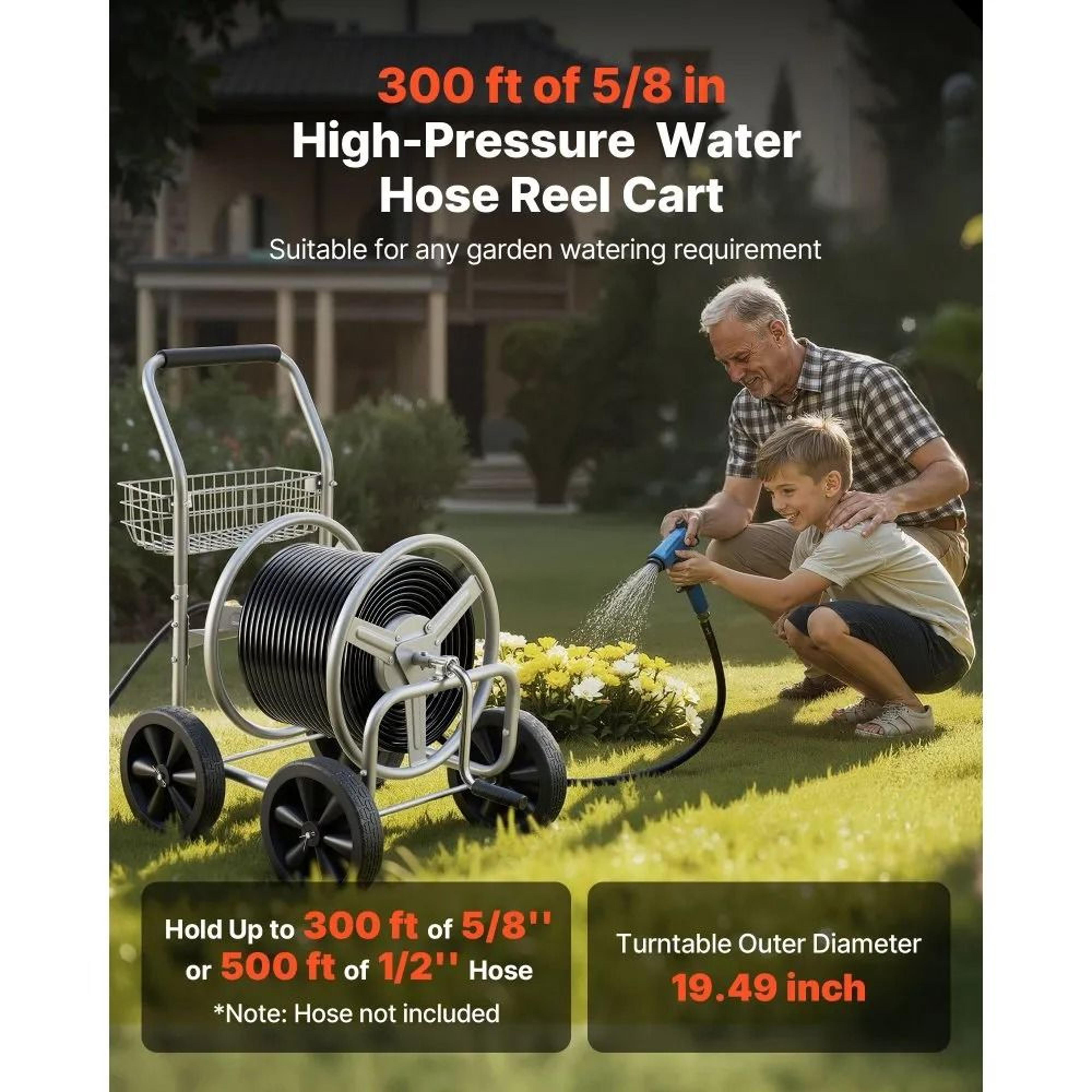 Garden Hose Reel Cart With Storage Basket Holds 300 Ft Of 58 Hose Heavy Duty Steel With Mobile Whee 1
