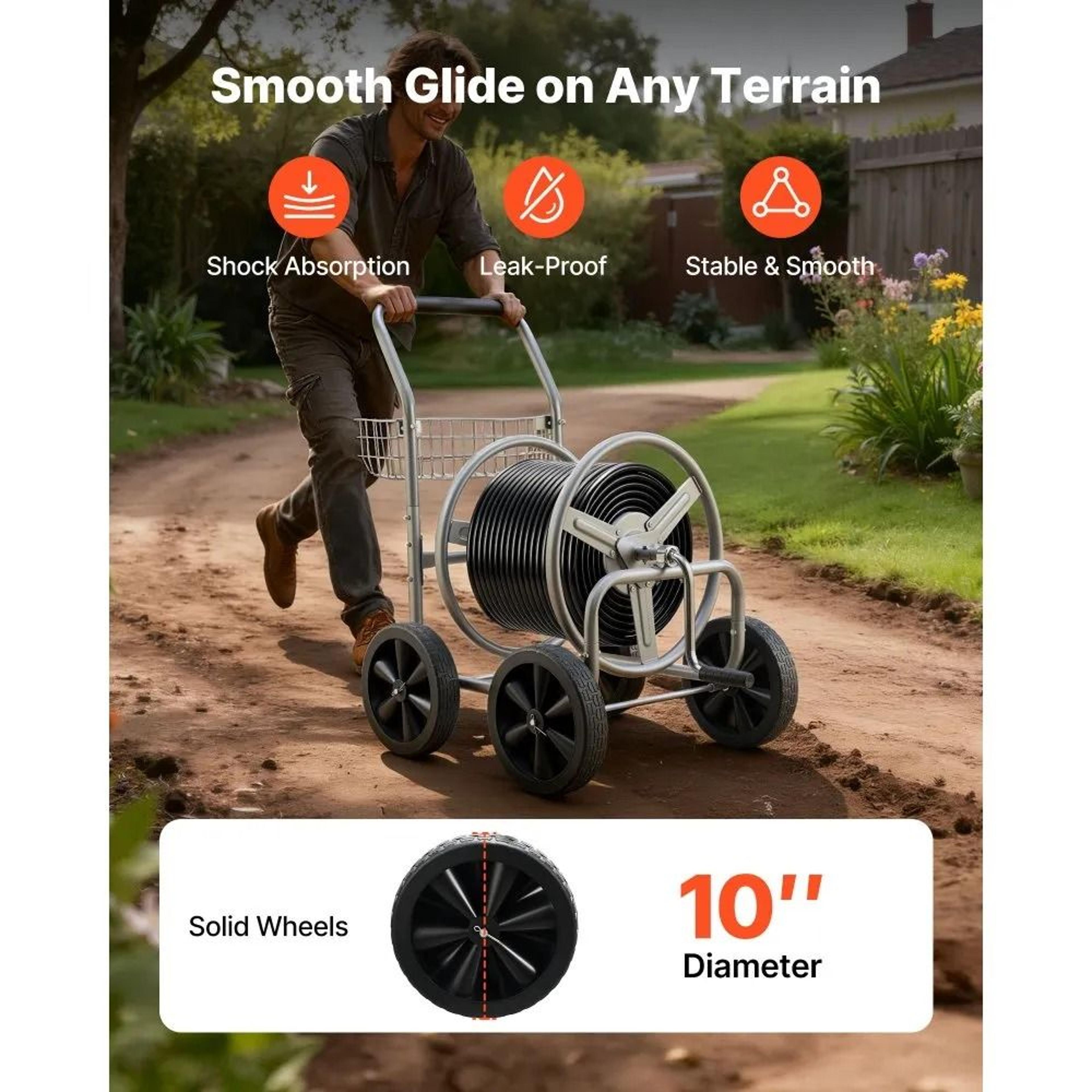 Garden Hose Reel Cart With Storage Basket Holds 300 Ft Of 58 Hose Heavy Duty Steel With Mobile Whee 2