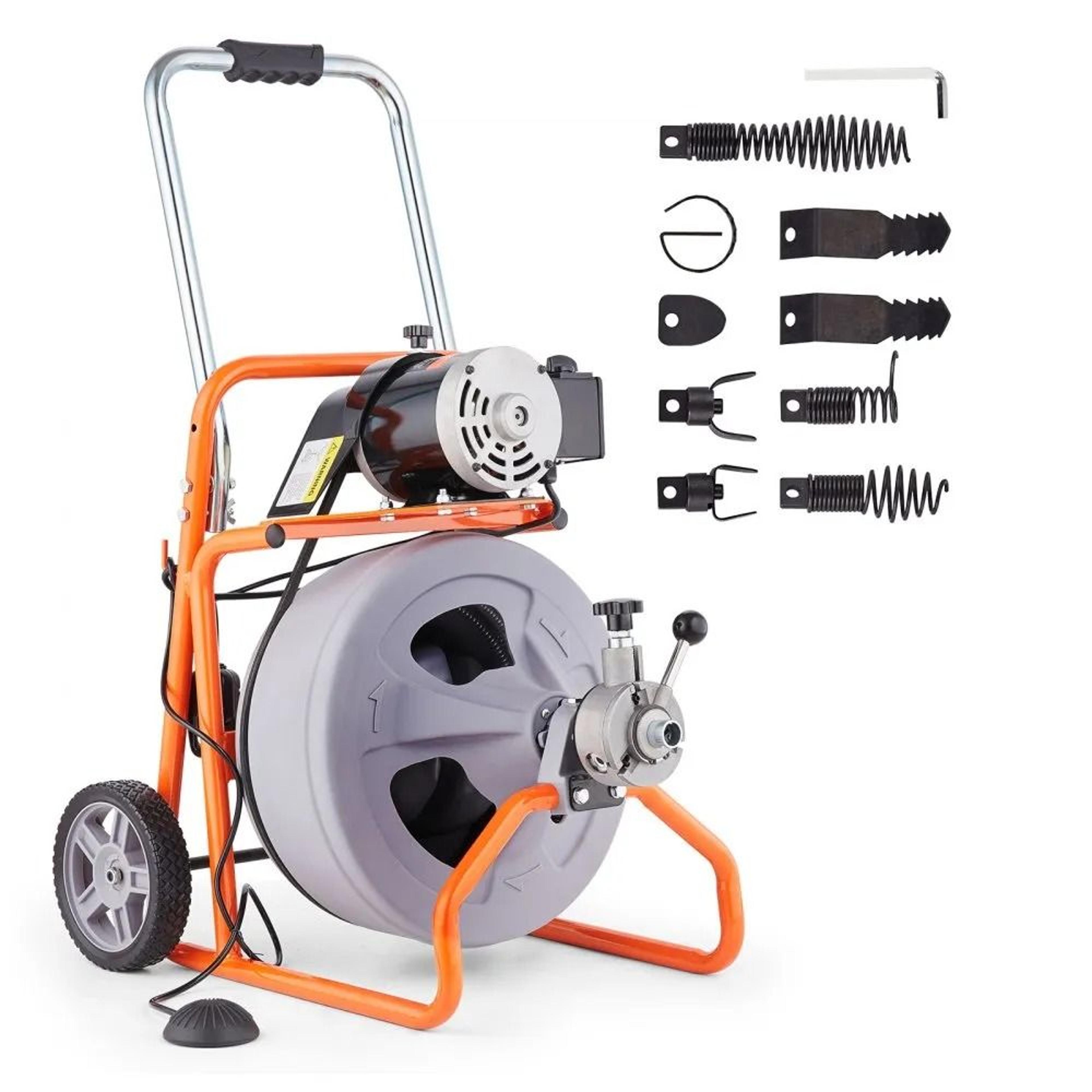 portable drain cleaning machine, auto feed sewer snake with interchangeable cutters & foot switch