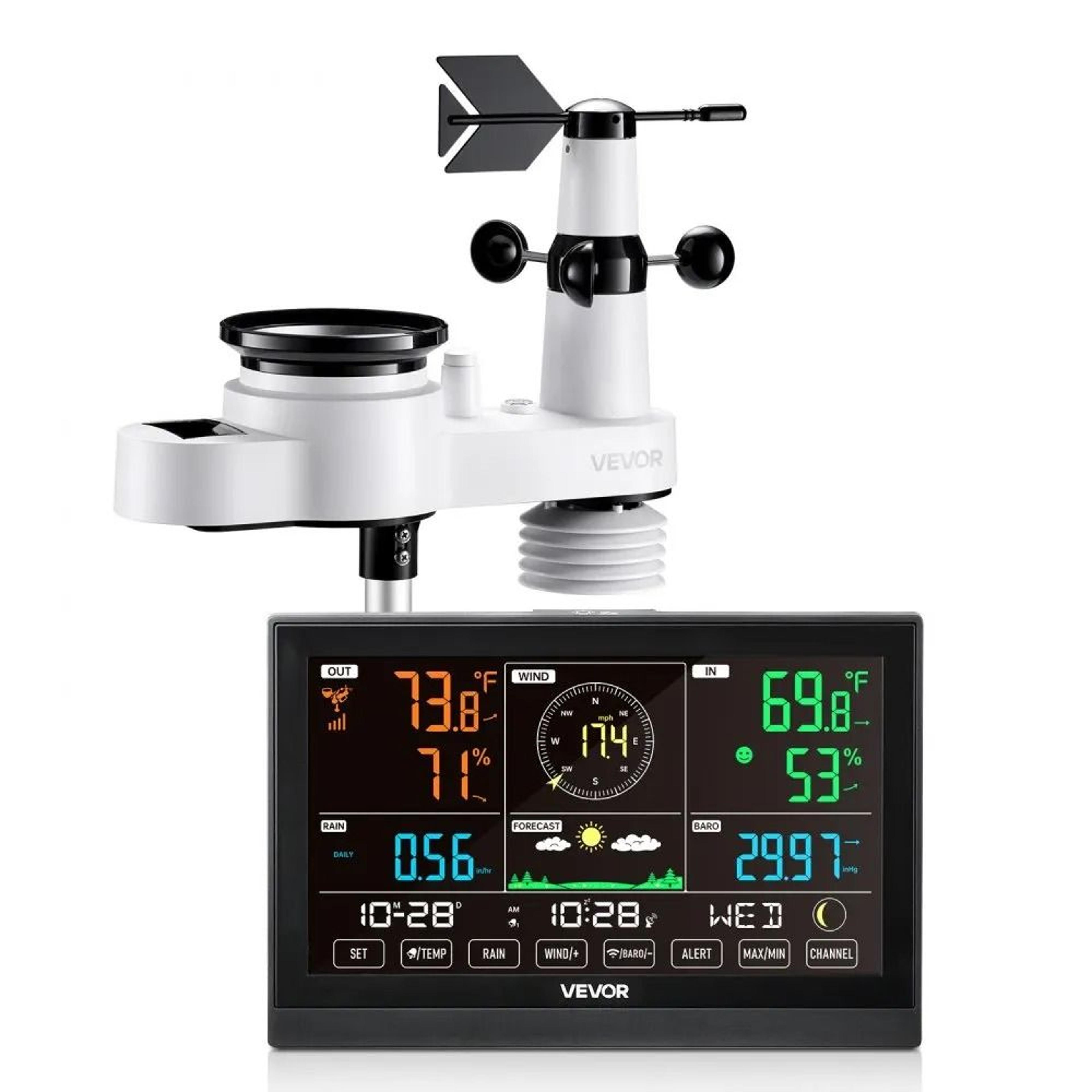 solar powered weather station, va display, indoor outdoor temperature, humidity, wind speed, rain gauge