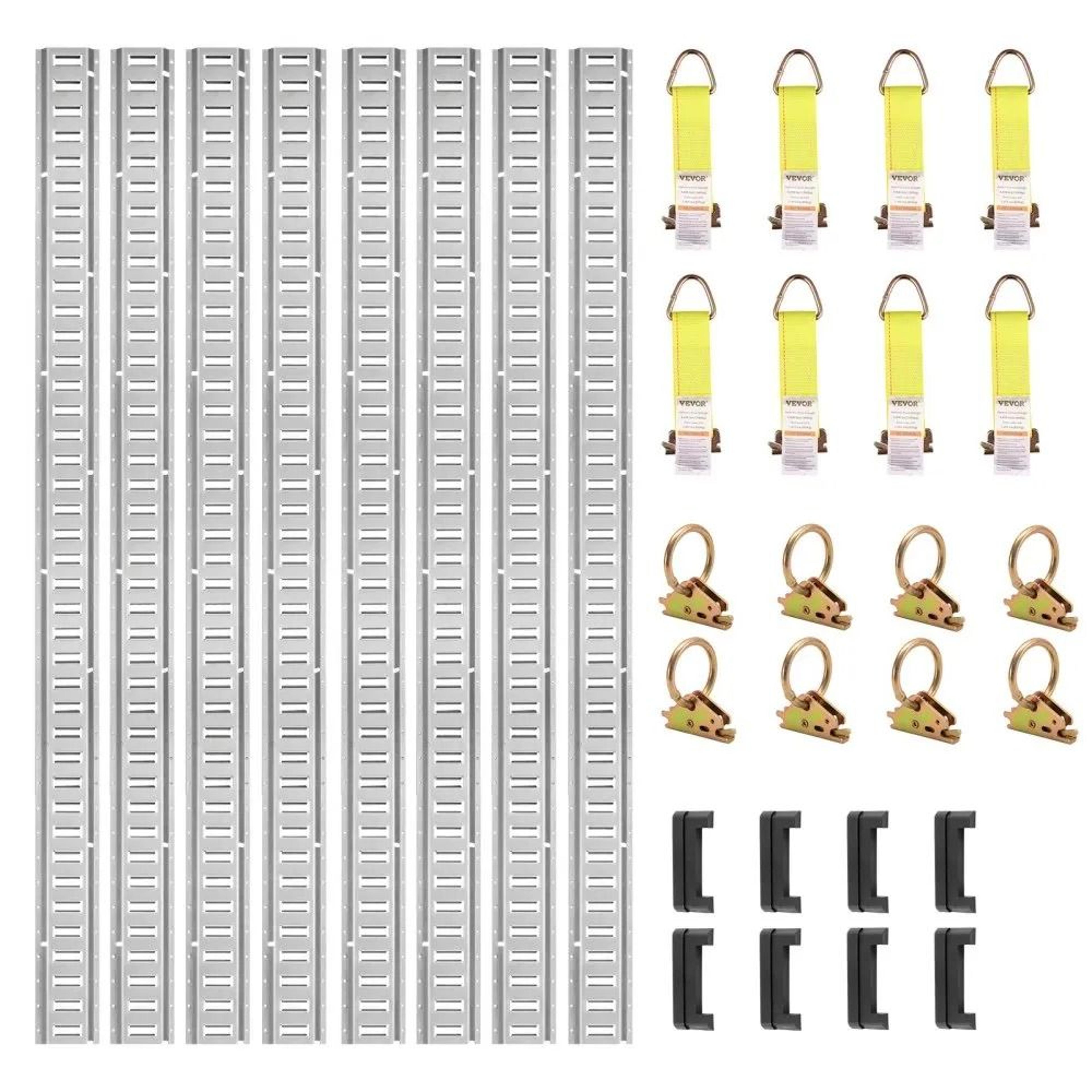e-tracks set, e track tie-down rail kit with o rings, tie-offs, single slot, end caps, cargo securing