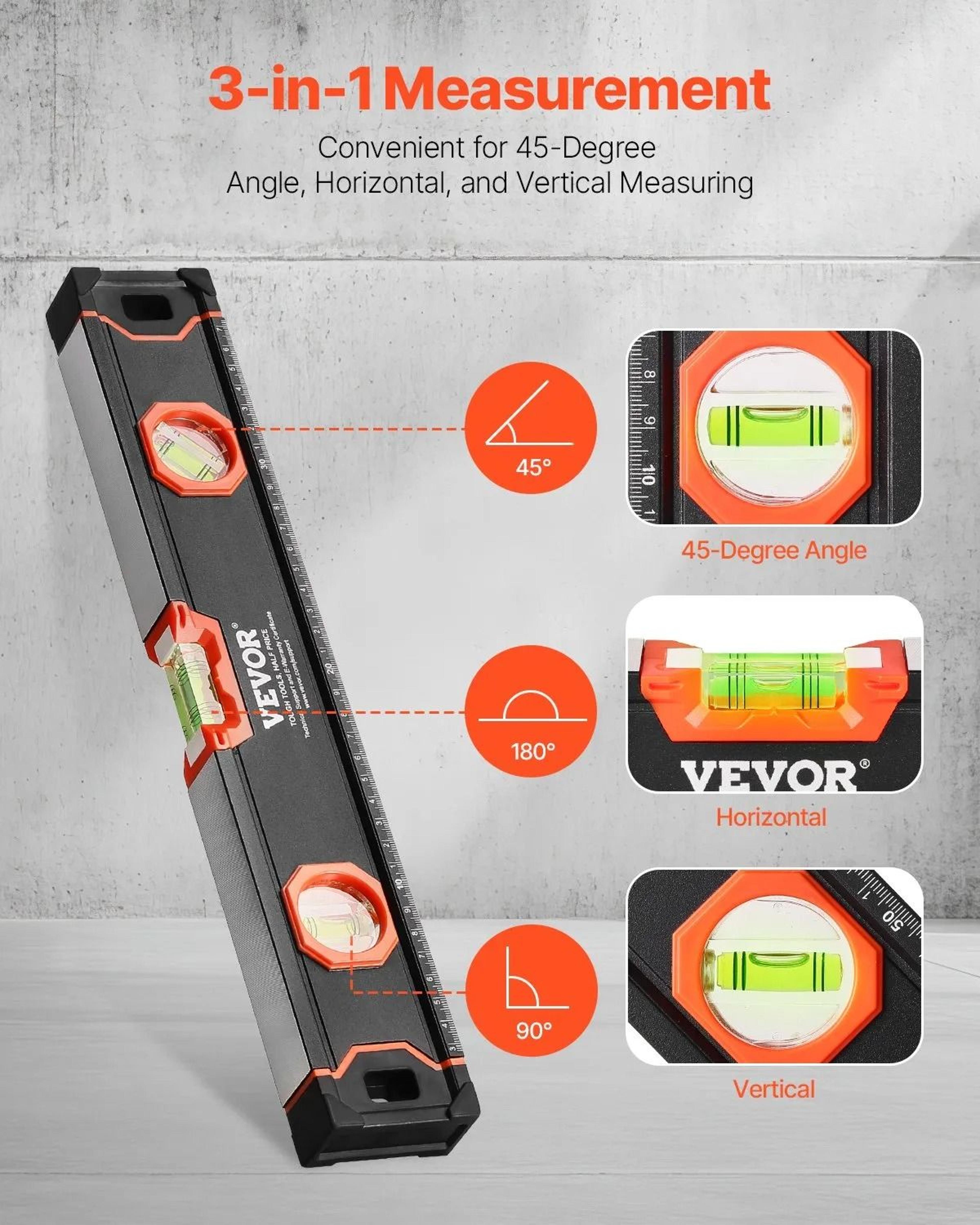 Magnetic Torpedo Level Set Aluminum Box Level Kit With Bubble Vials And SAE Metric Scale 2