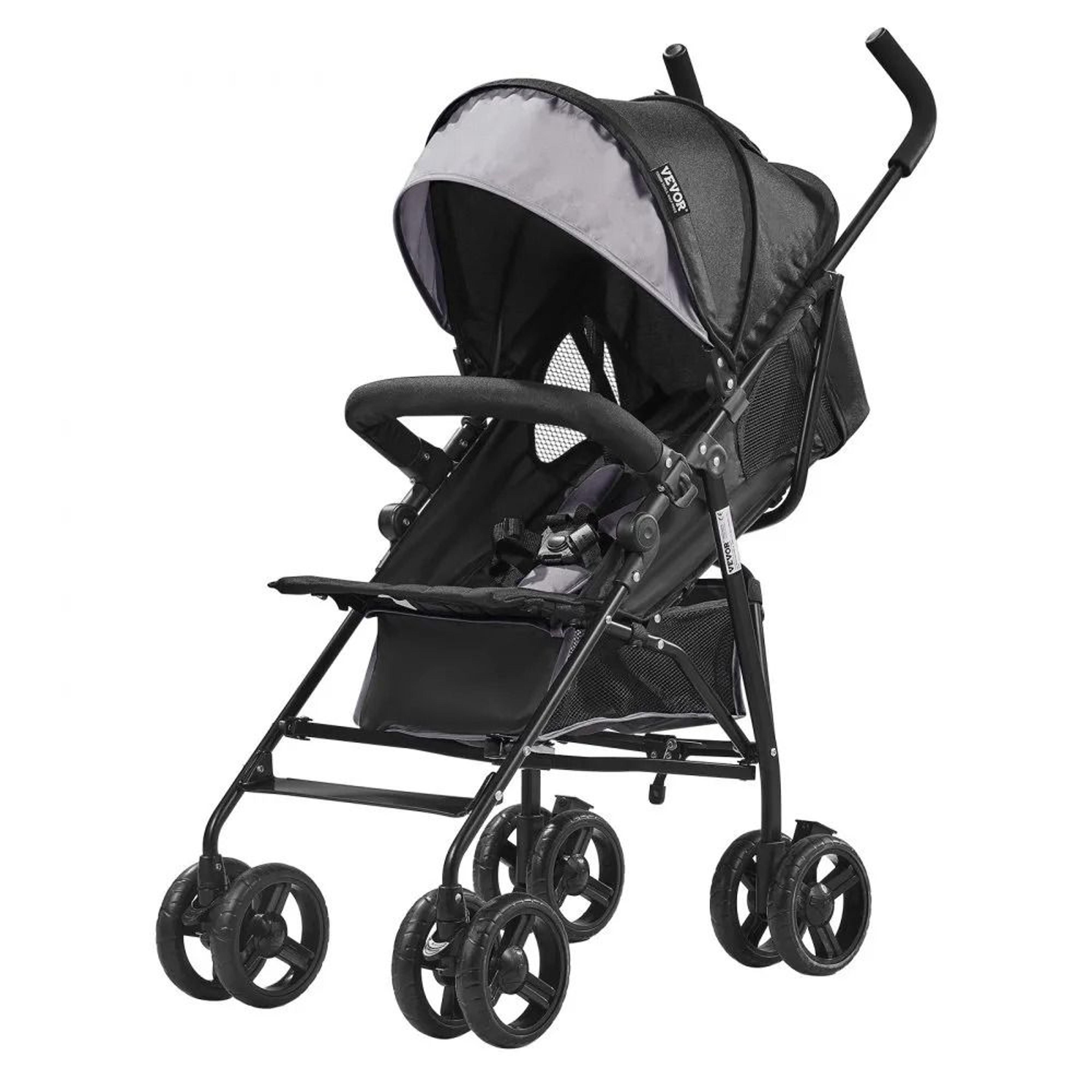 lightweight travel stroller with compact fold, reclining seat & storage basket