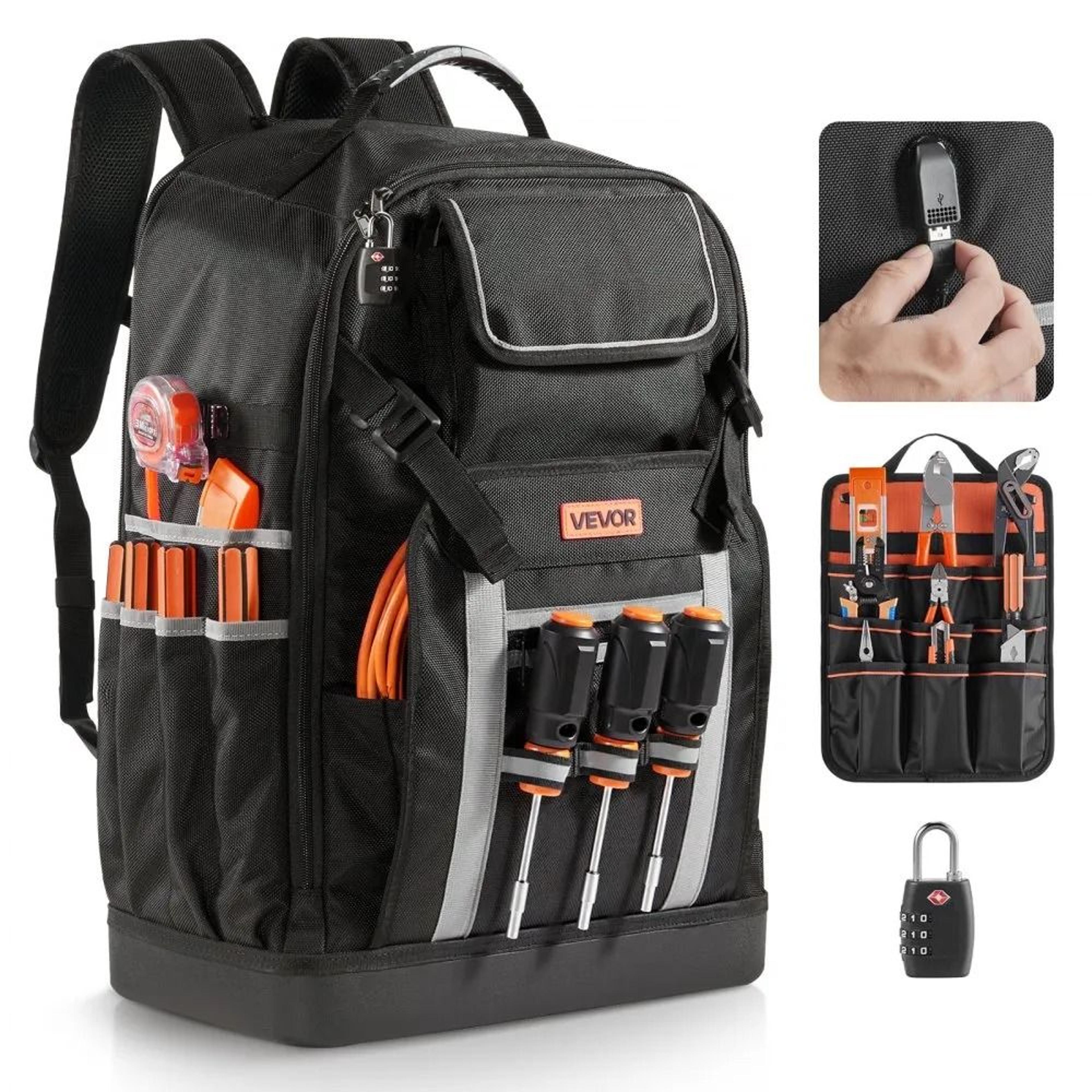 heavy duty tool backpack with pockets & molded base for electricians and contractors