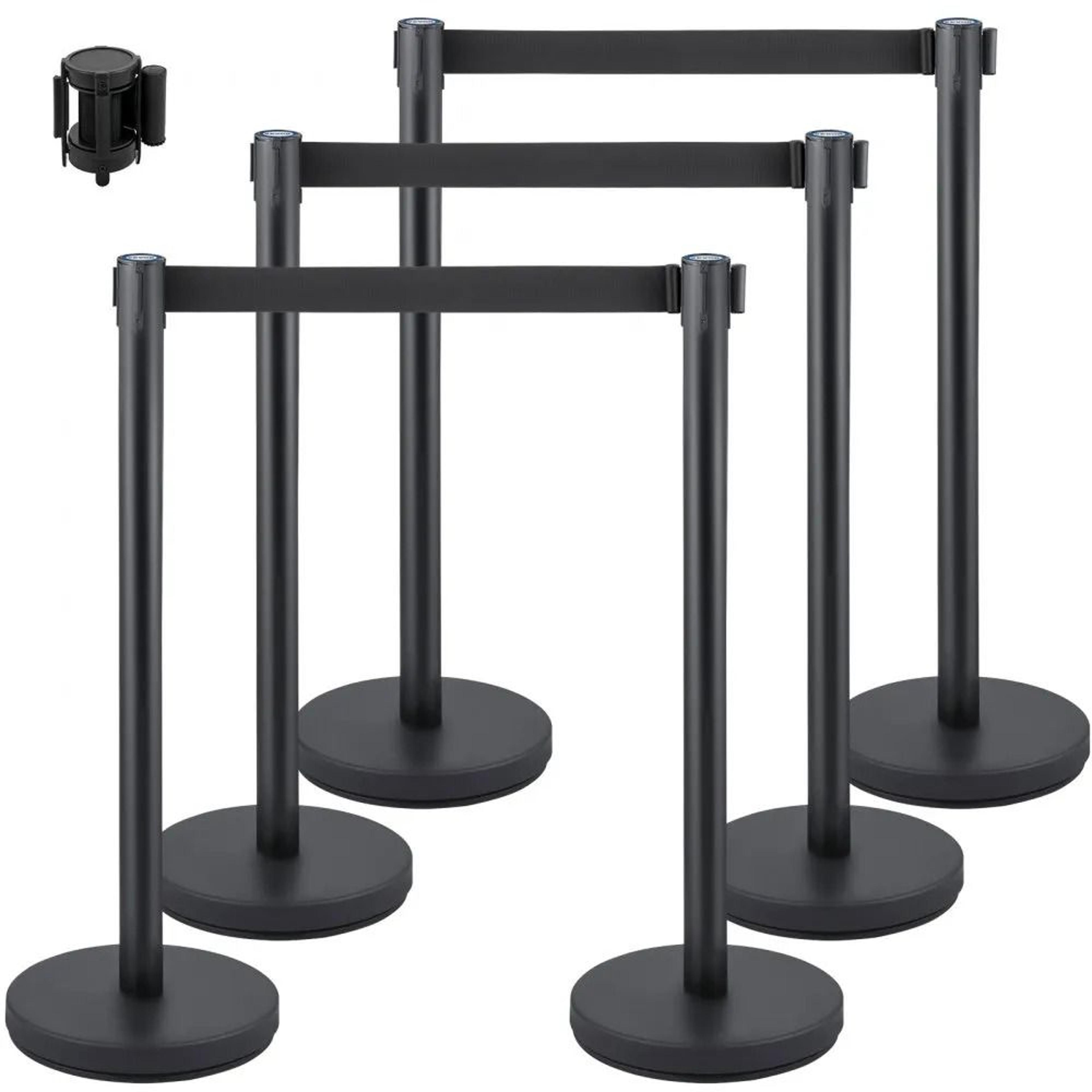 crowd control stanchion set with retractable belts for queue management