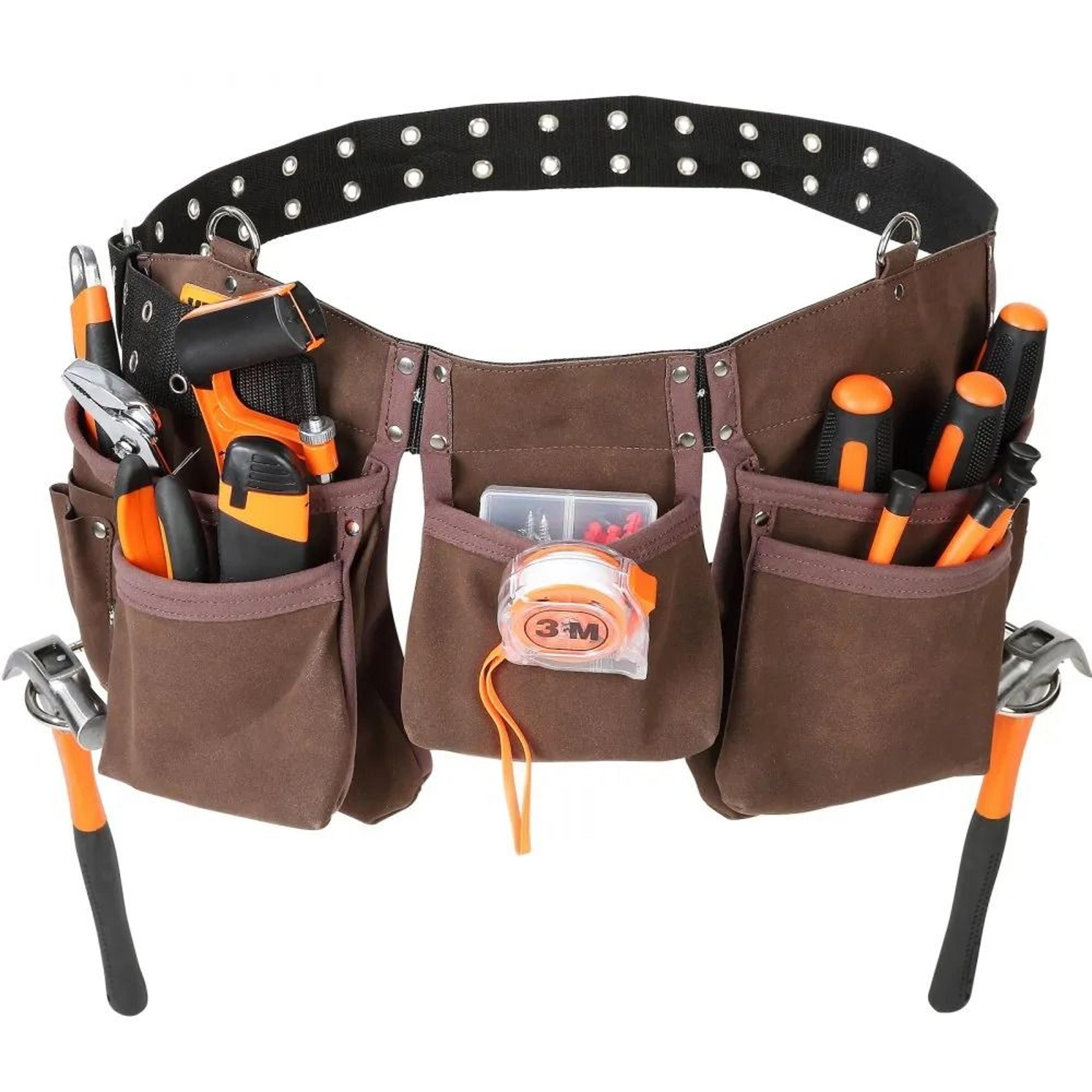 heavy duty leather tool belt with pockets & dual hammer loops