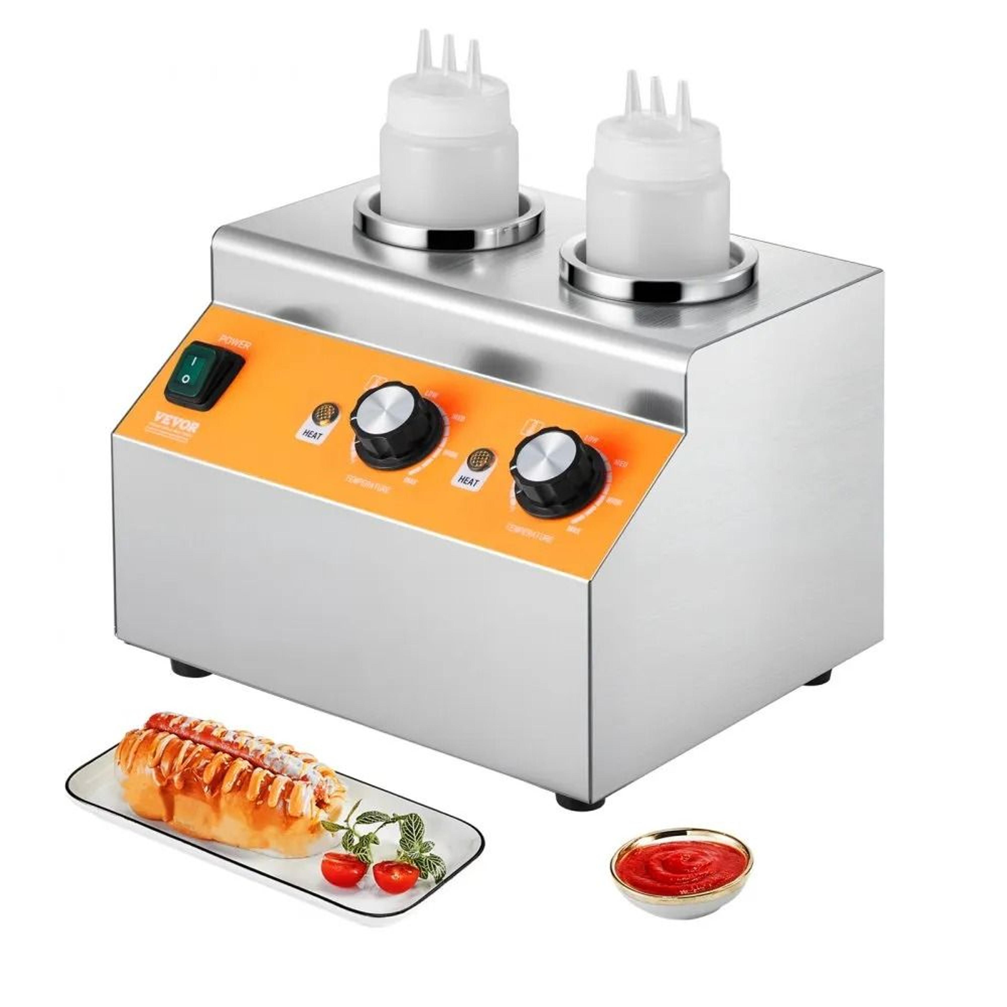 dual bottle nacho cheese warmer & hot fudge dispenser with adjustable temperature control