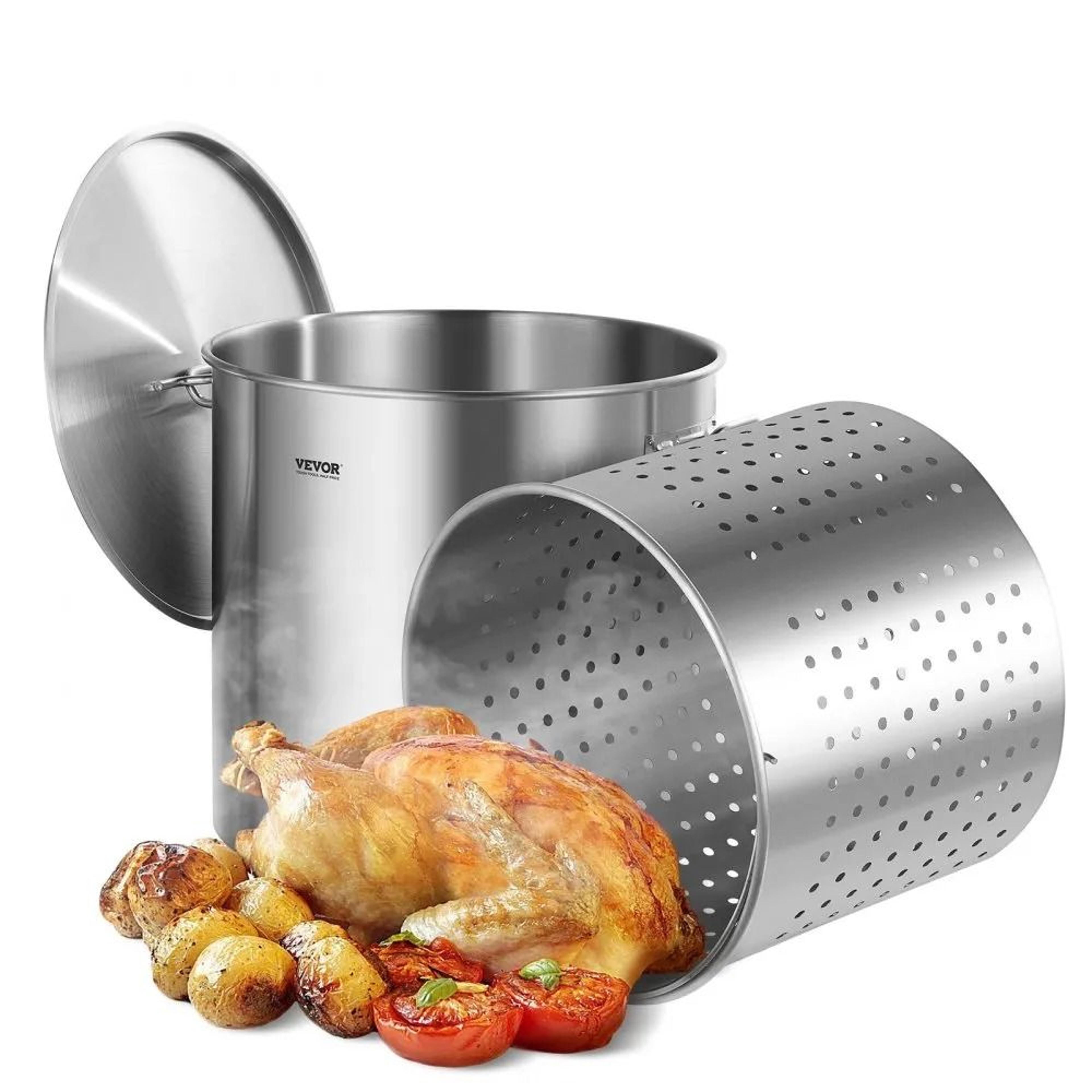 commercial stainless steel stock pot with basket & lid for seafood boils, turkey frying & catering
