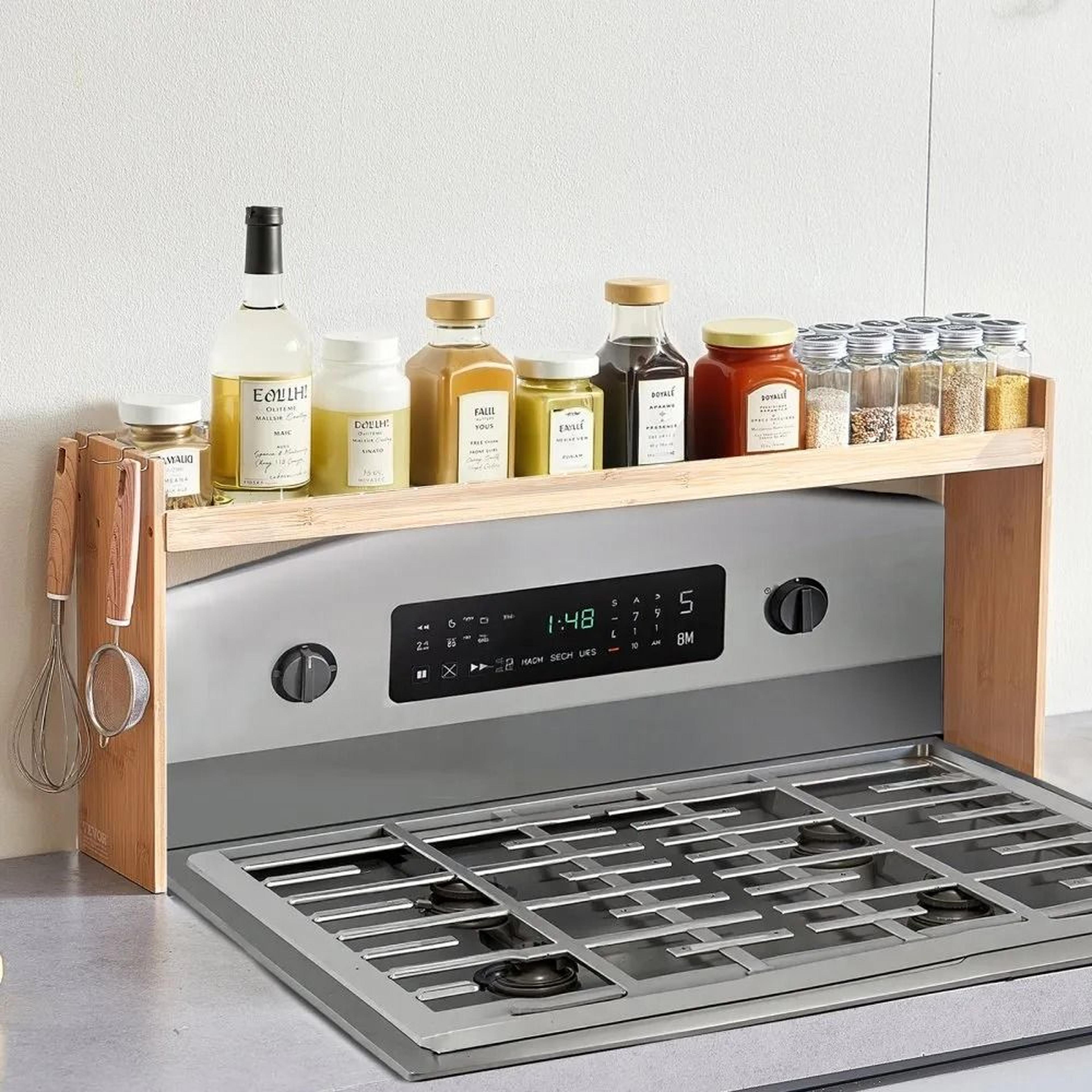 bamboo over the stove spice shelf organizer with hooks for kitchen counter storage