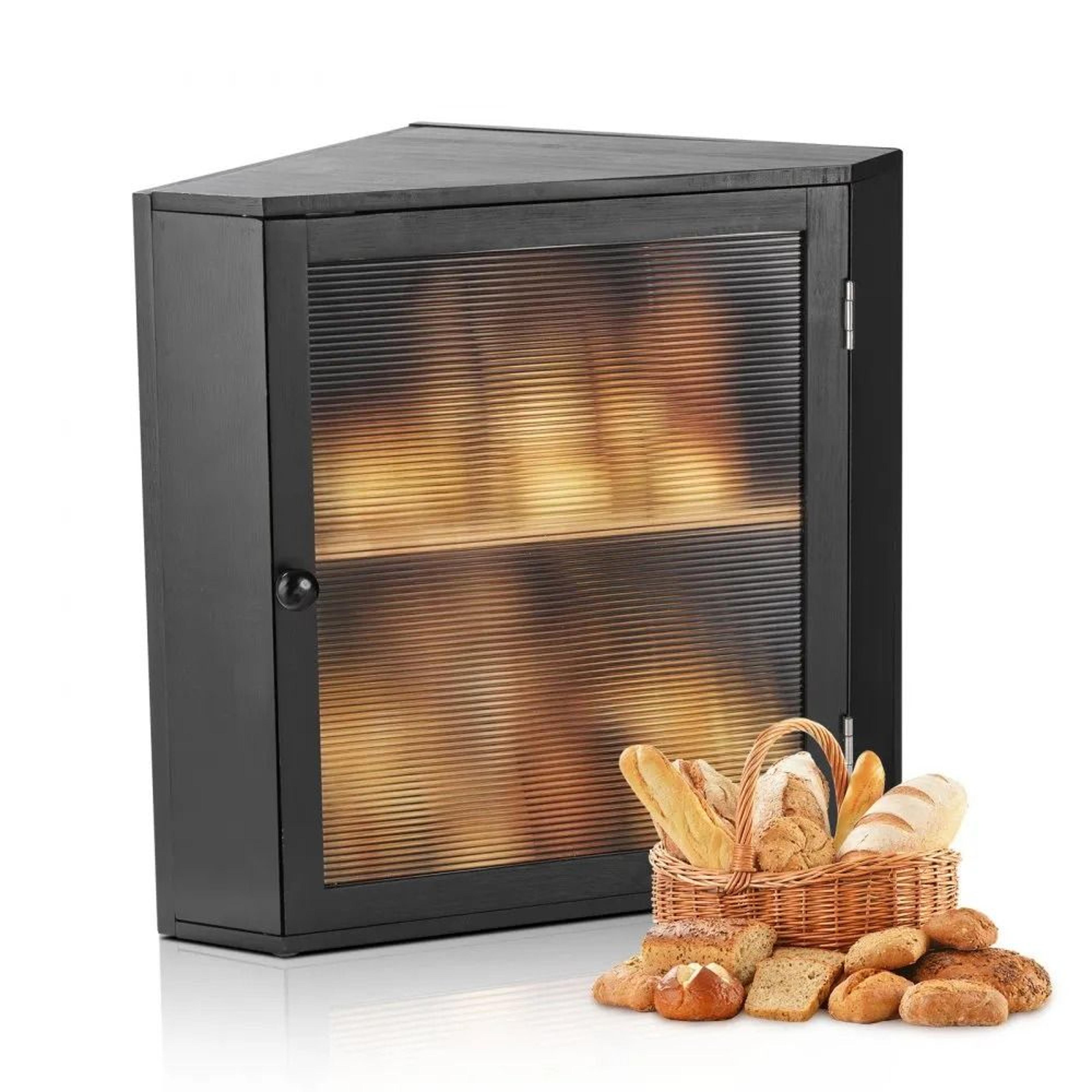 black bamboo corner bread box for kitchen counter with double layer storage and acrylic door
