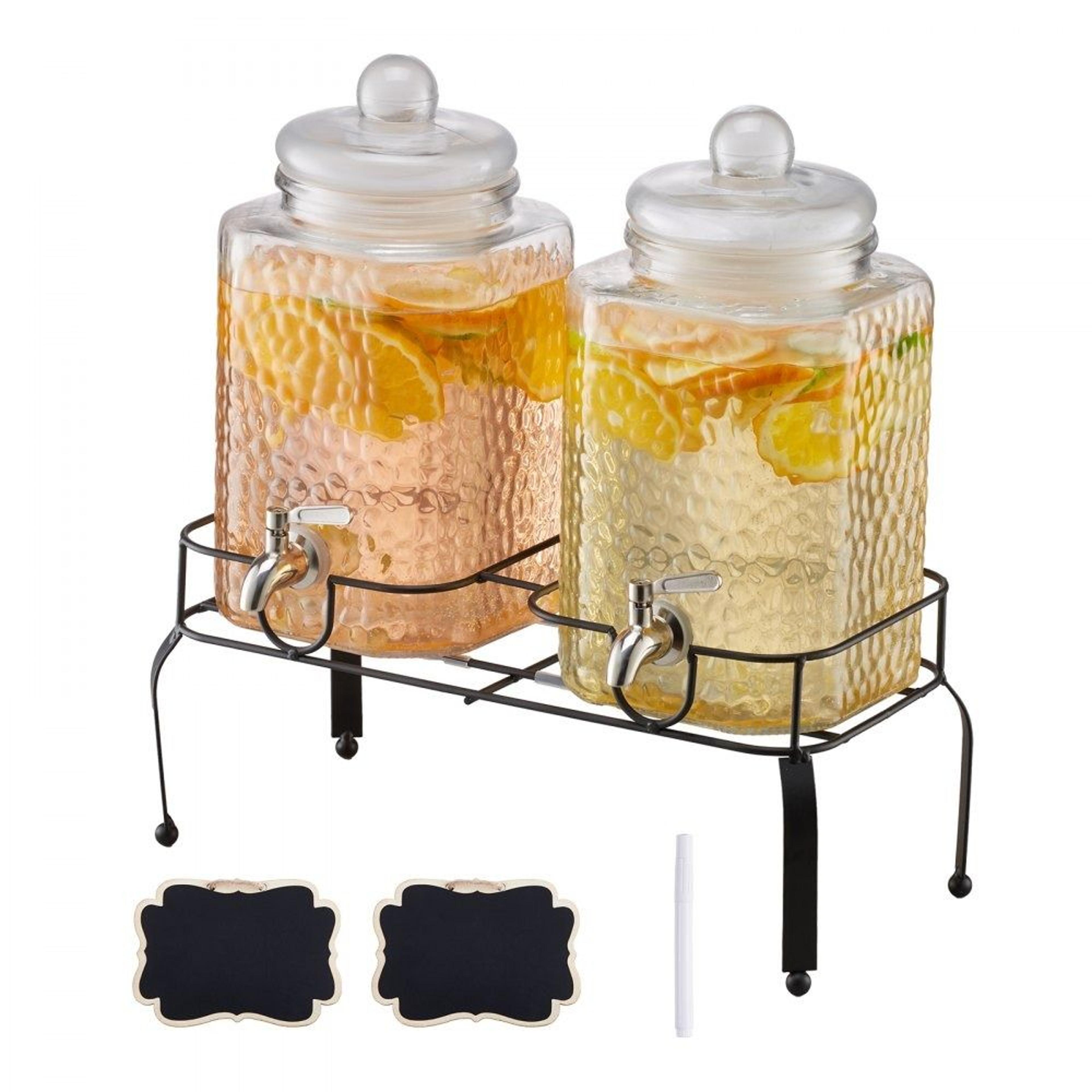 dual glass beverage dispenser set with stand & stainless steel spigot for parties