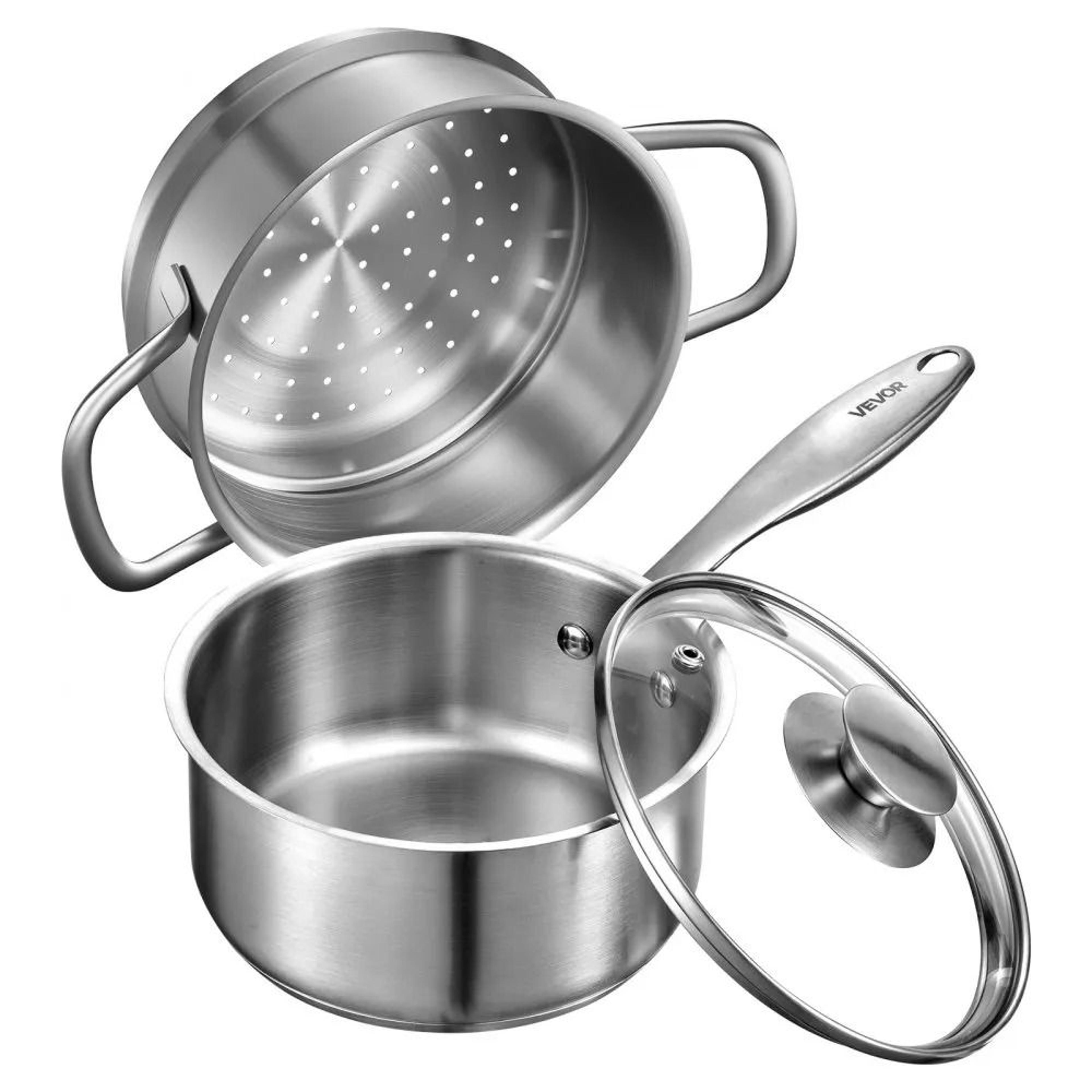 stainless steel saucepan with steamer & glass lid for induction cooking