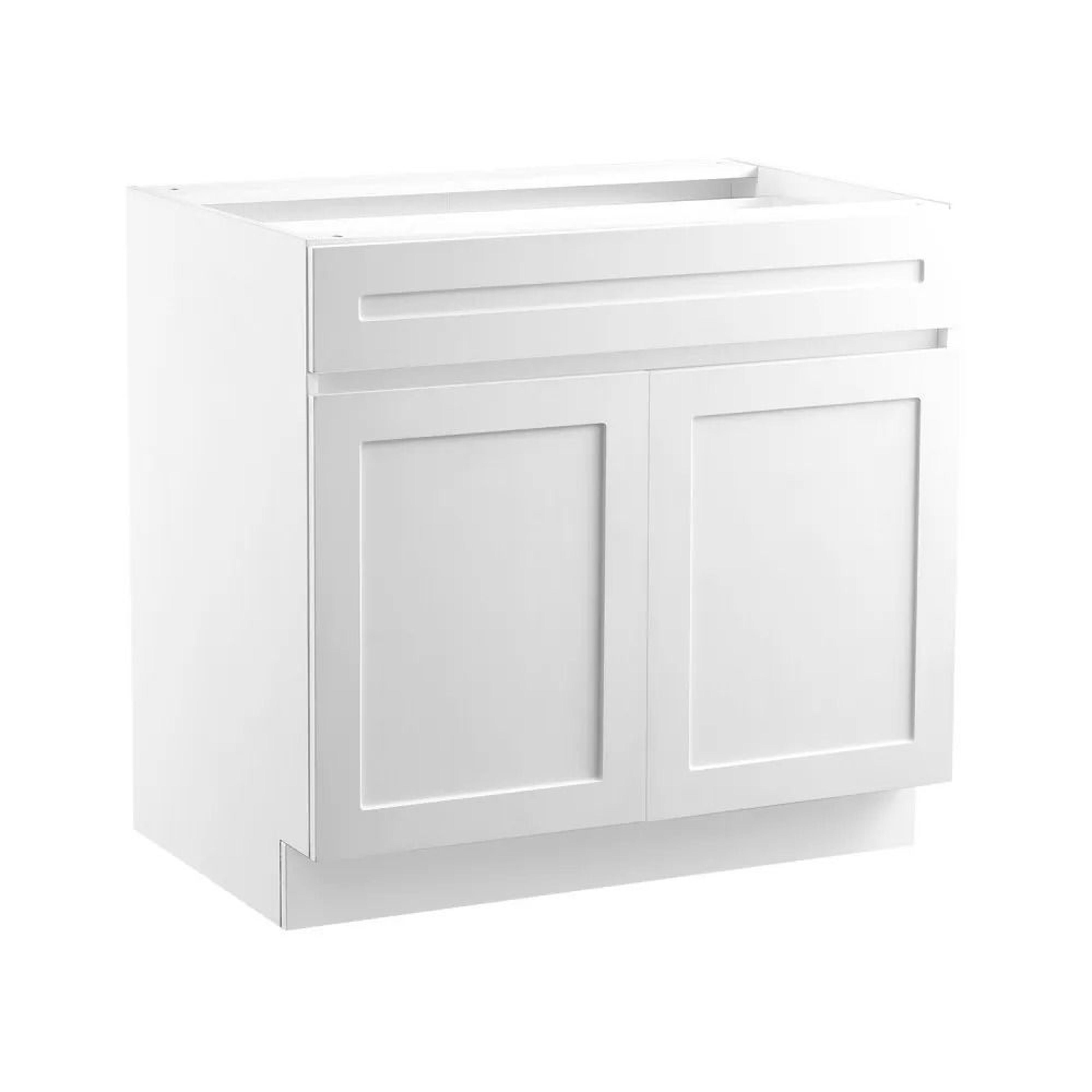 white shaker base cabinet with soft close drawer ready to assemble