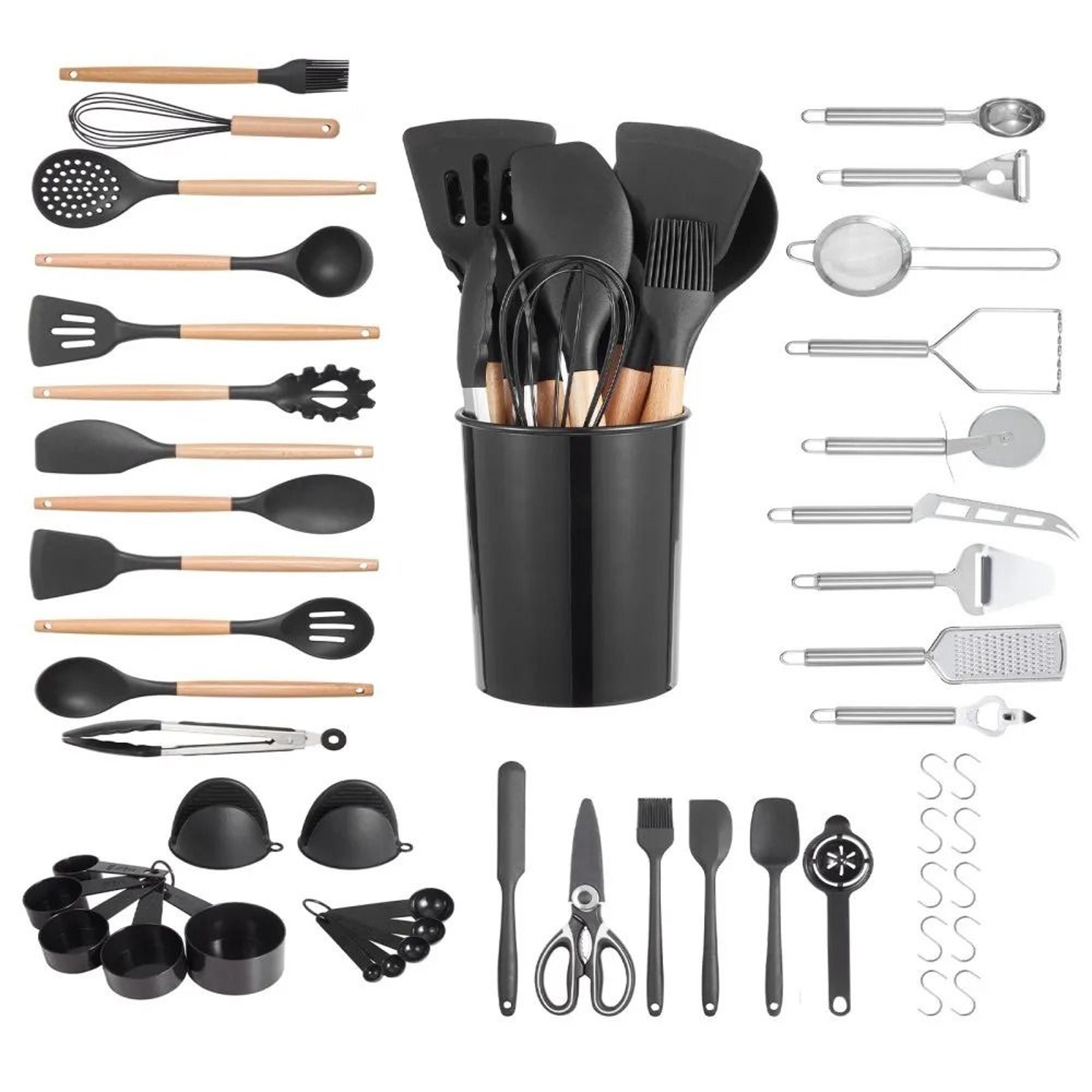 silicone kitchen utensil set with wooden handles & heat-resistant cooking tools