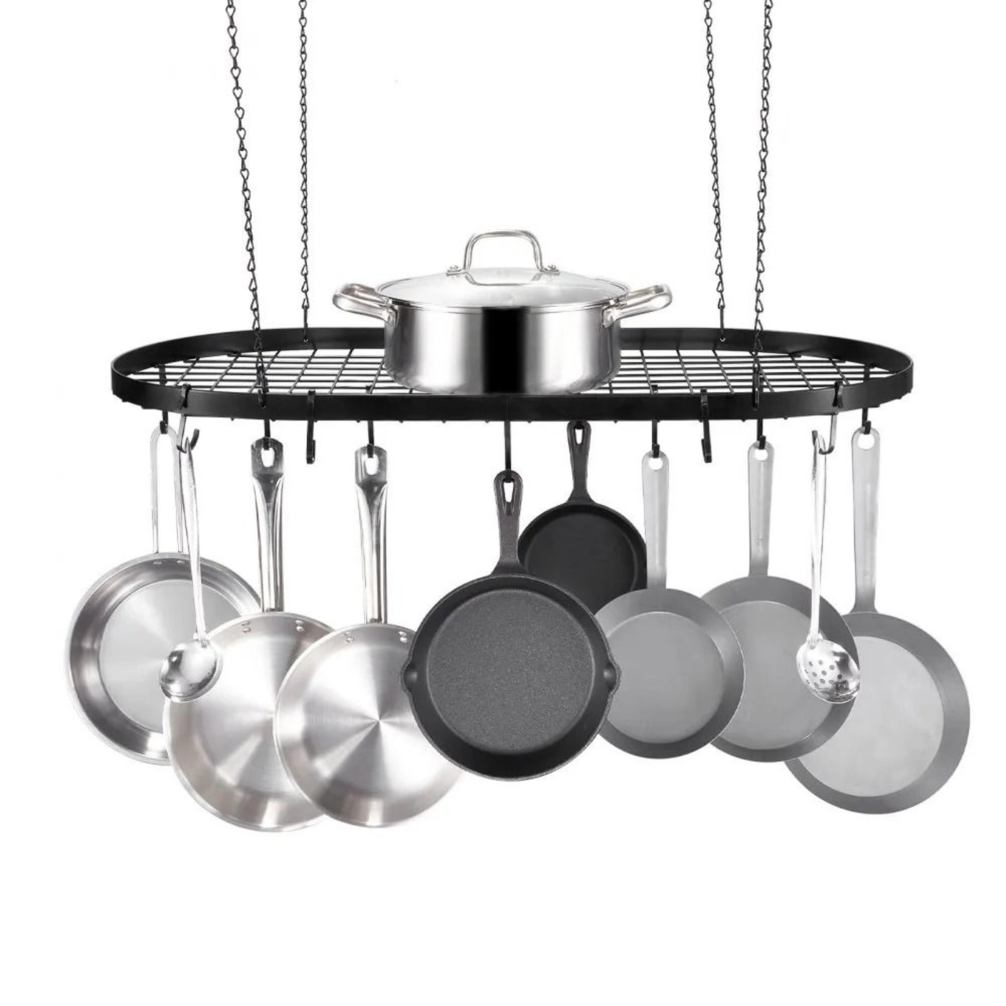 hanging pot rack ceiling mount with hooks for kitchen cookware storage