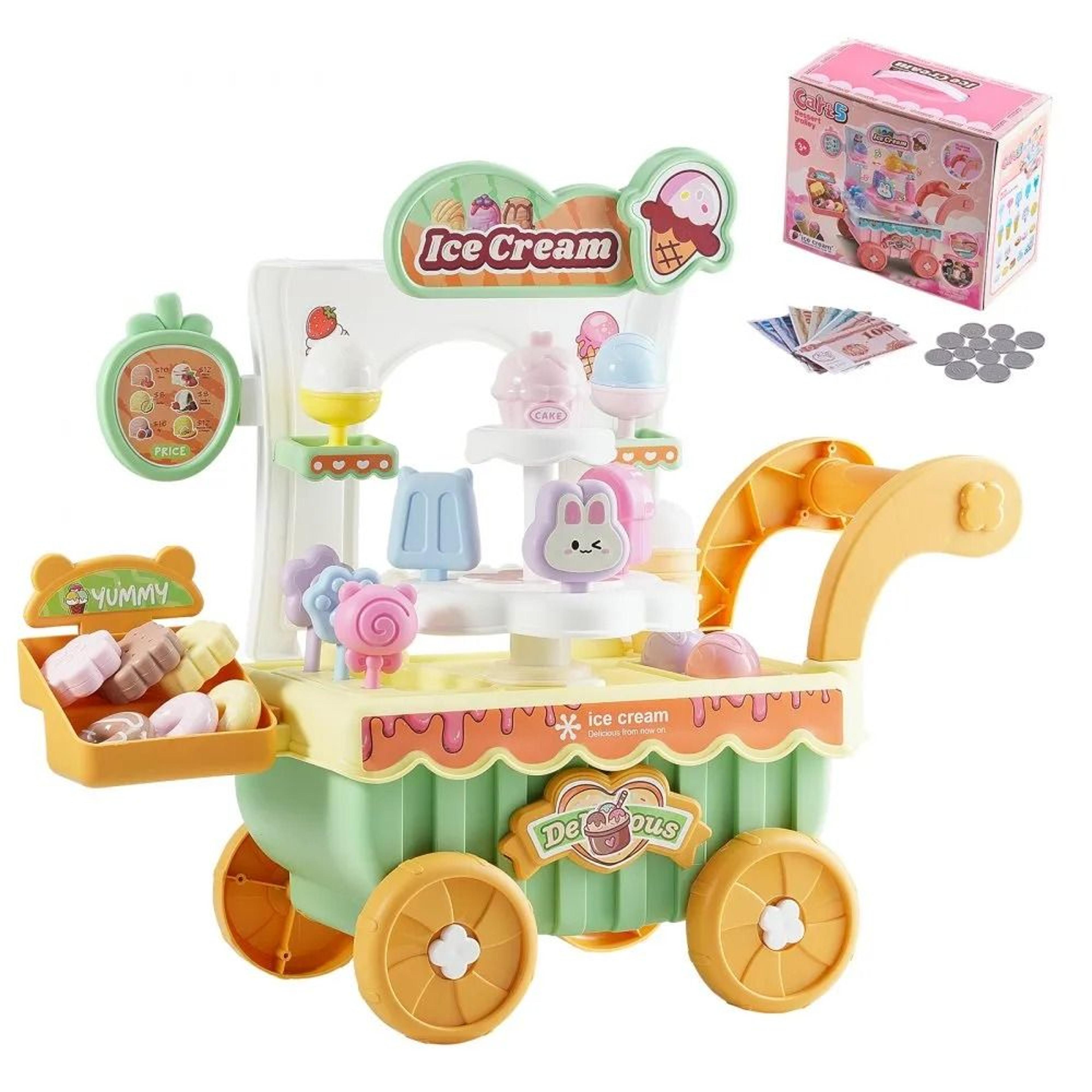 montessori ice cream cart toy for kids with lights sounds & 27pcs pretend play accessories