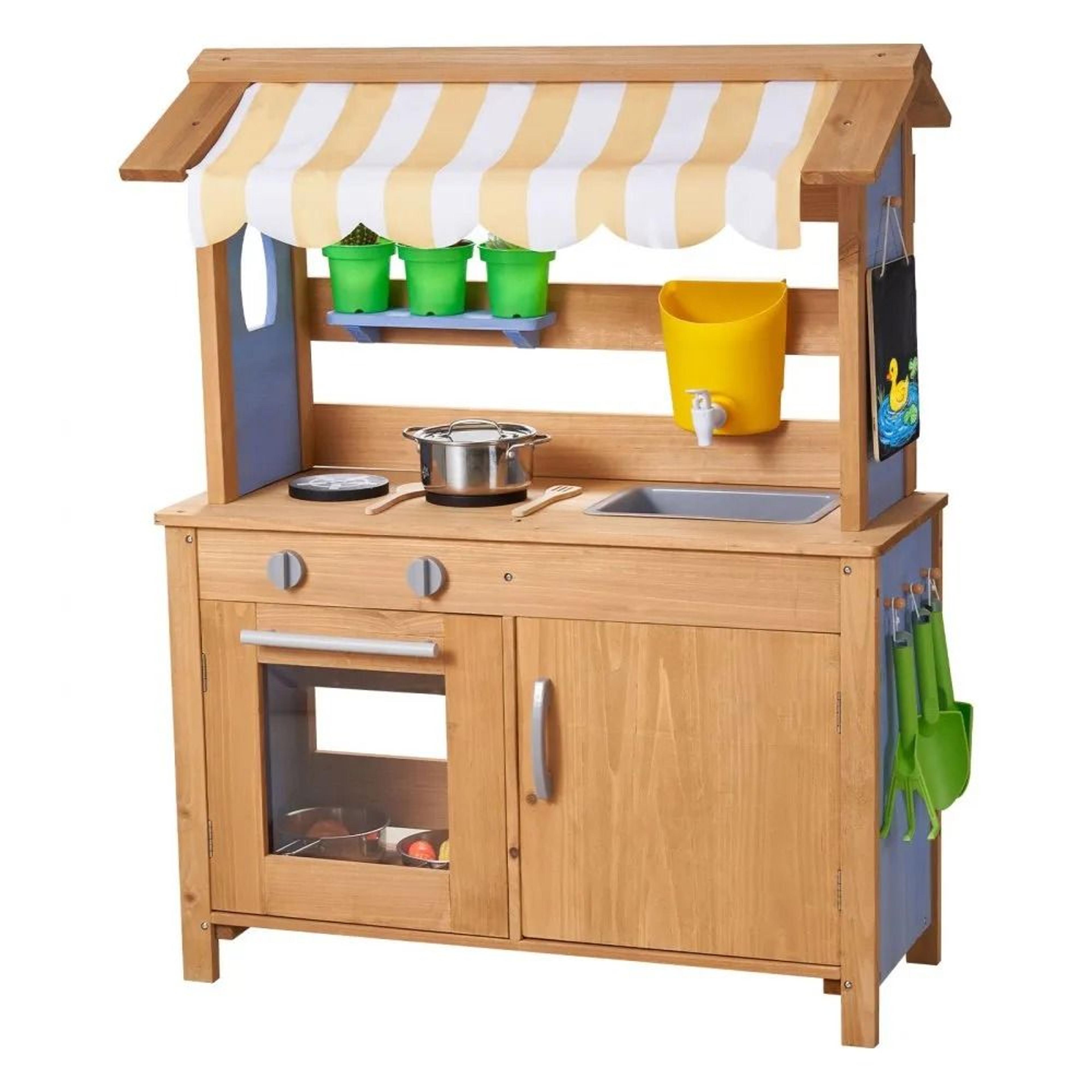 outdoor mud kitchen for kids with water tank, canopy & wooden play cooking set