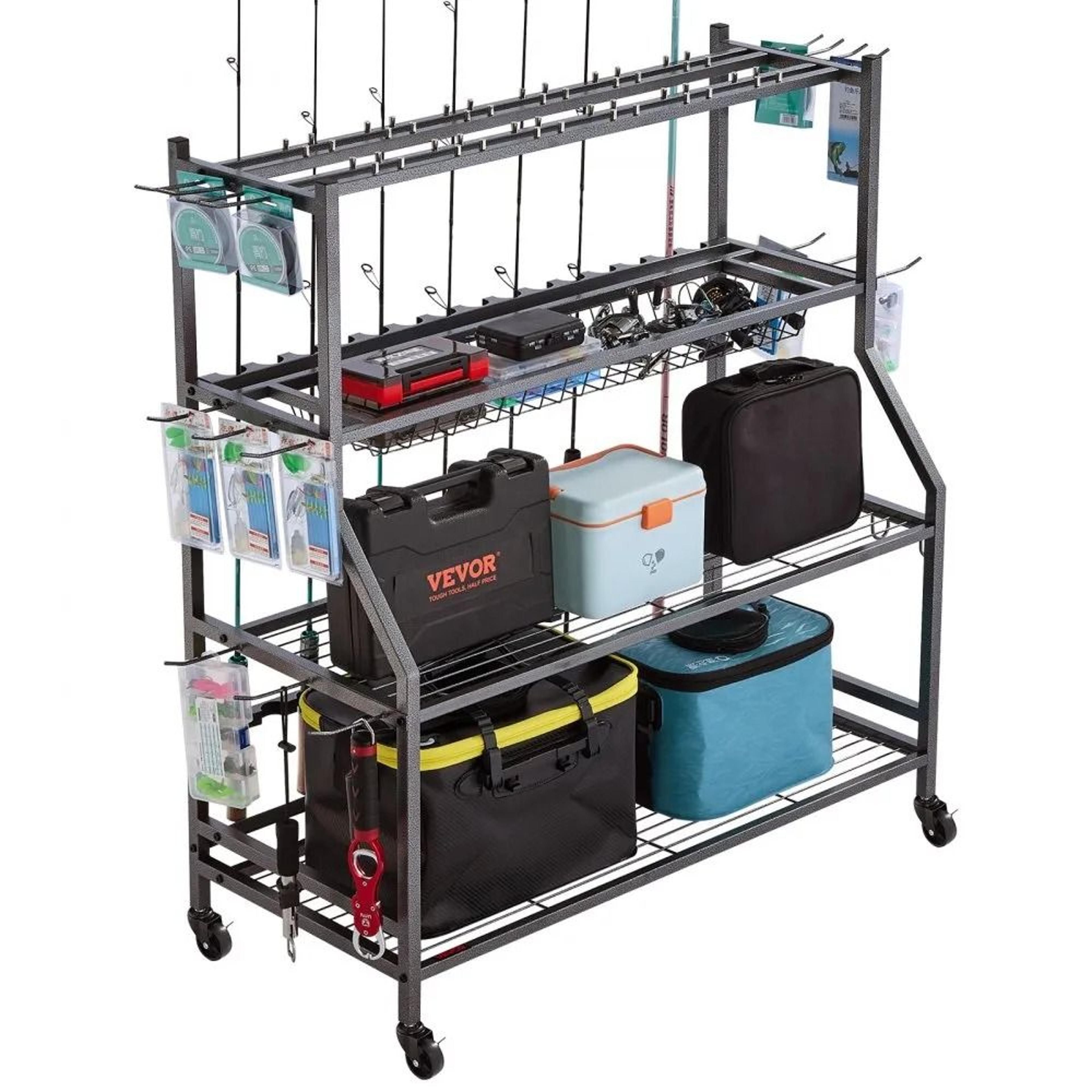 15-rod fishing rod holder with wheels, mobile fishing pole rack organizer for garage storage