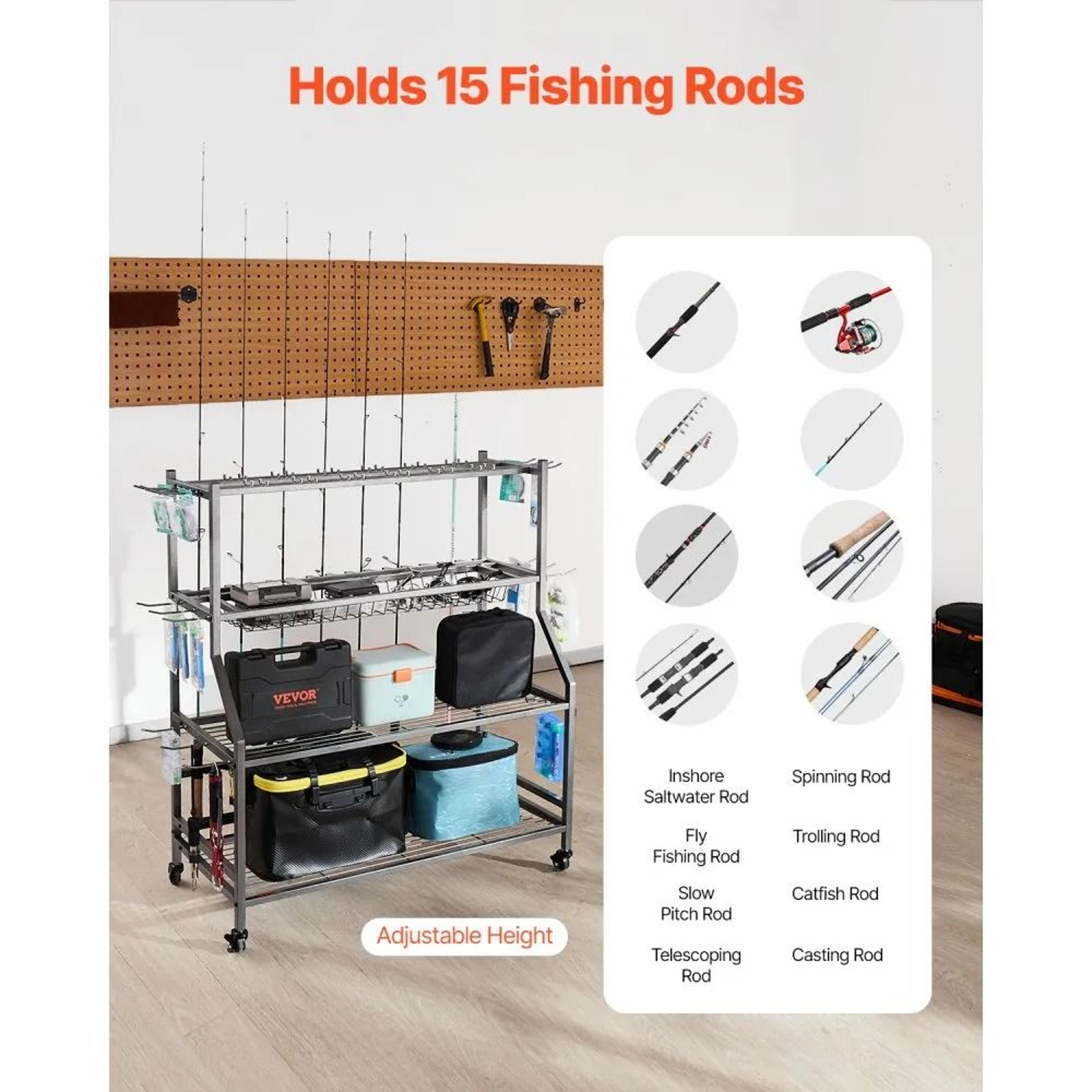 15Rod Fishing Rod Holder With Wheels Mobile Fishing Pole Rack Organizer For Garage Storage 6