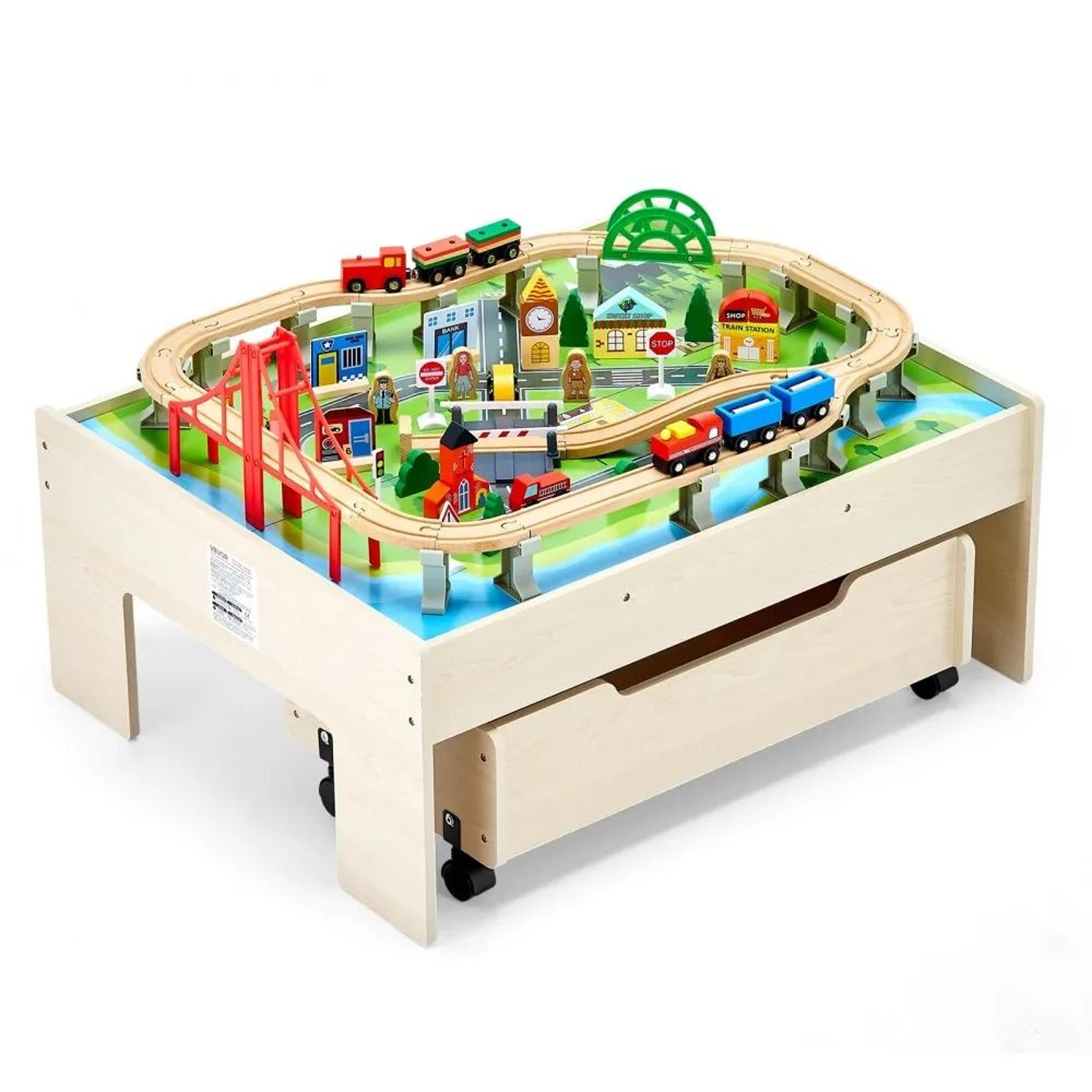 3-in-1 wooden train table with storage drawer & 100-piece kids activity play set