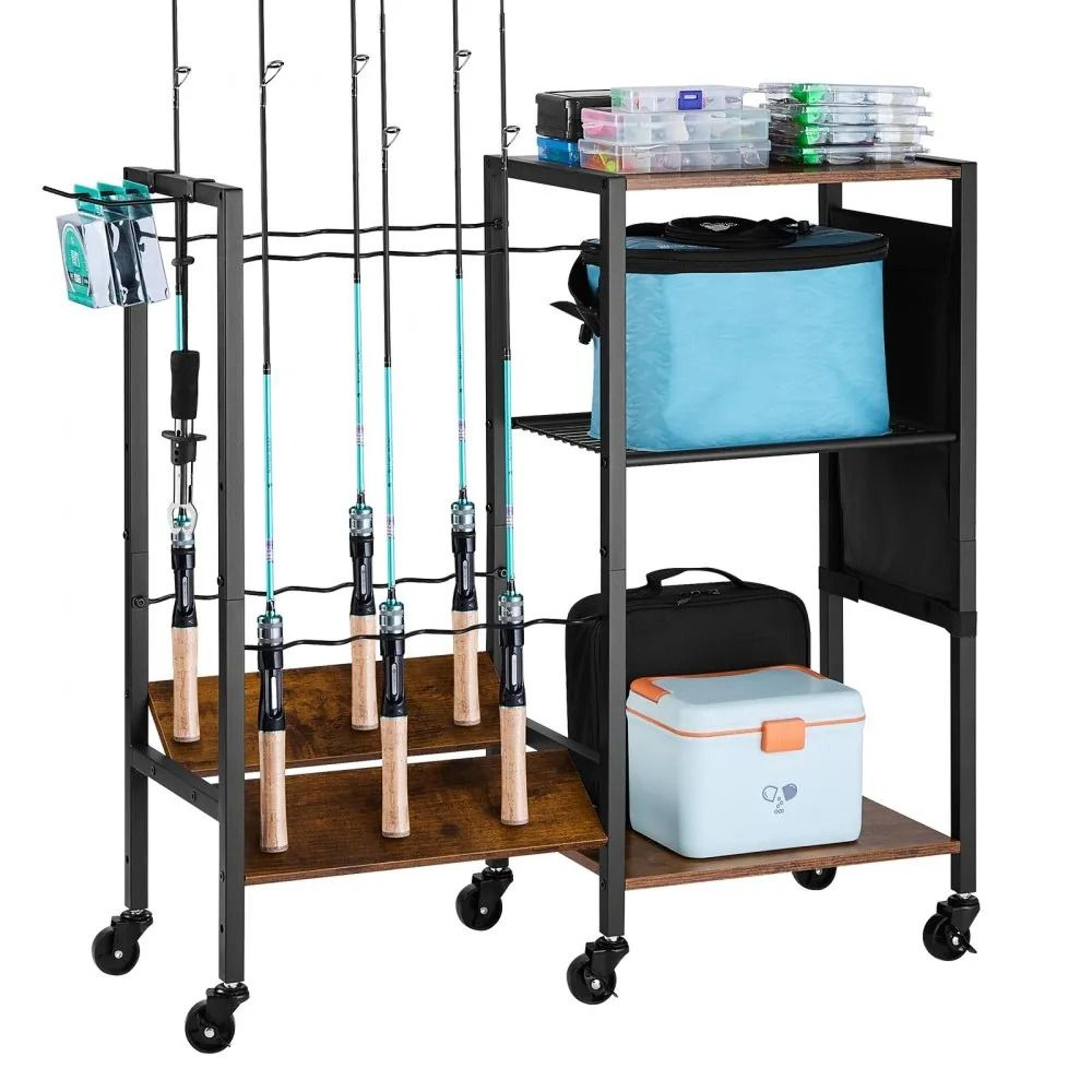12-rod mobile fishing rod holder with wheels, heavy-duty fishing pole rack organizer for garage storage