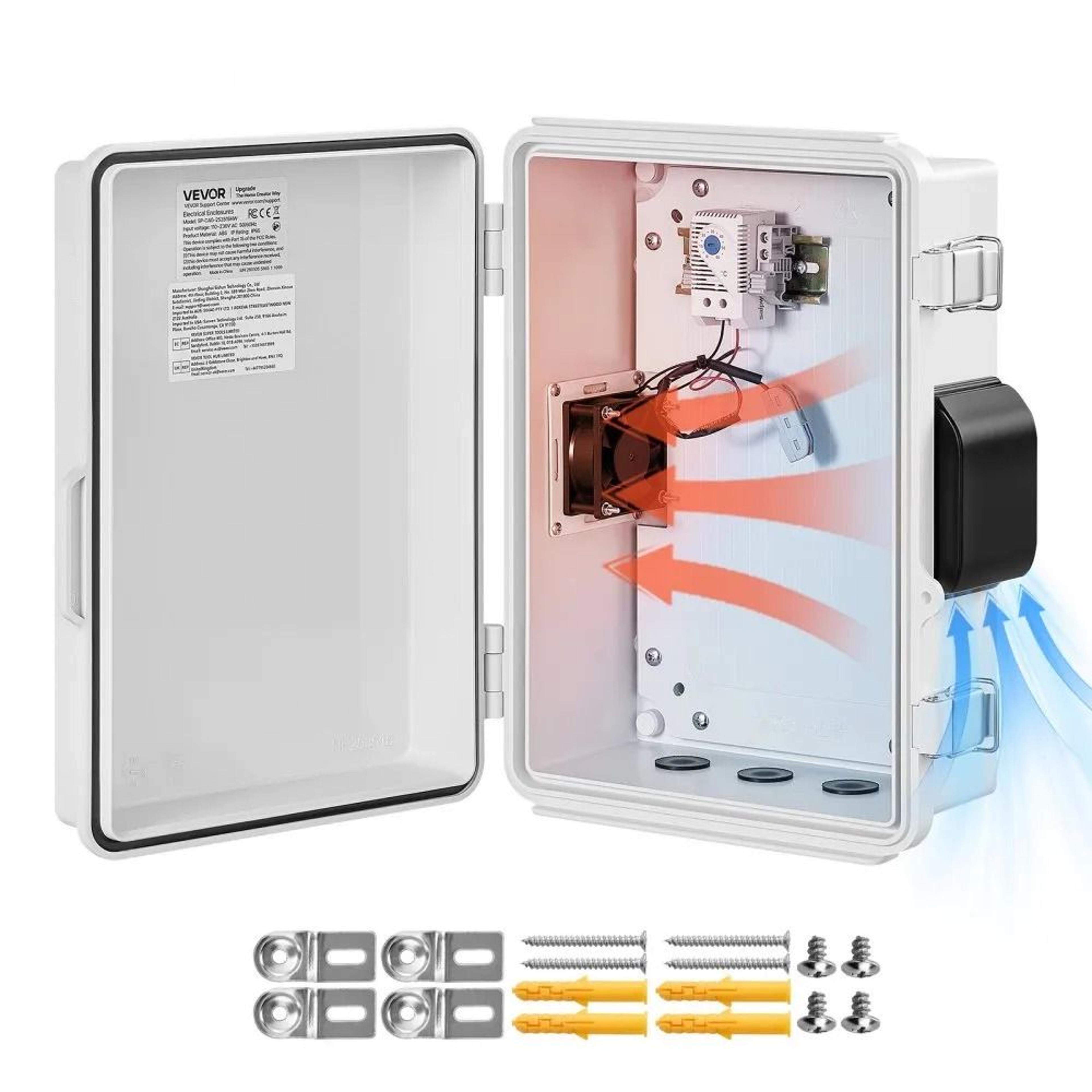 outdoor electrical junction box with thermostat fan ventilated enclosure