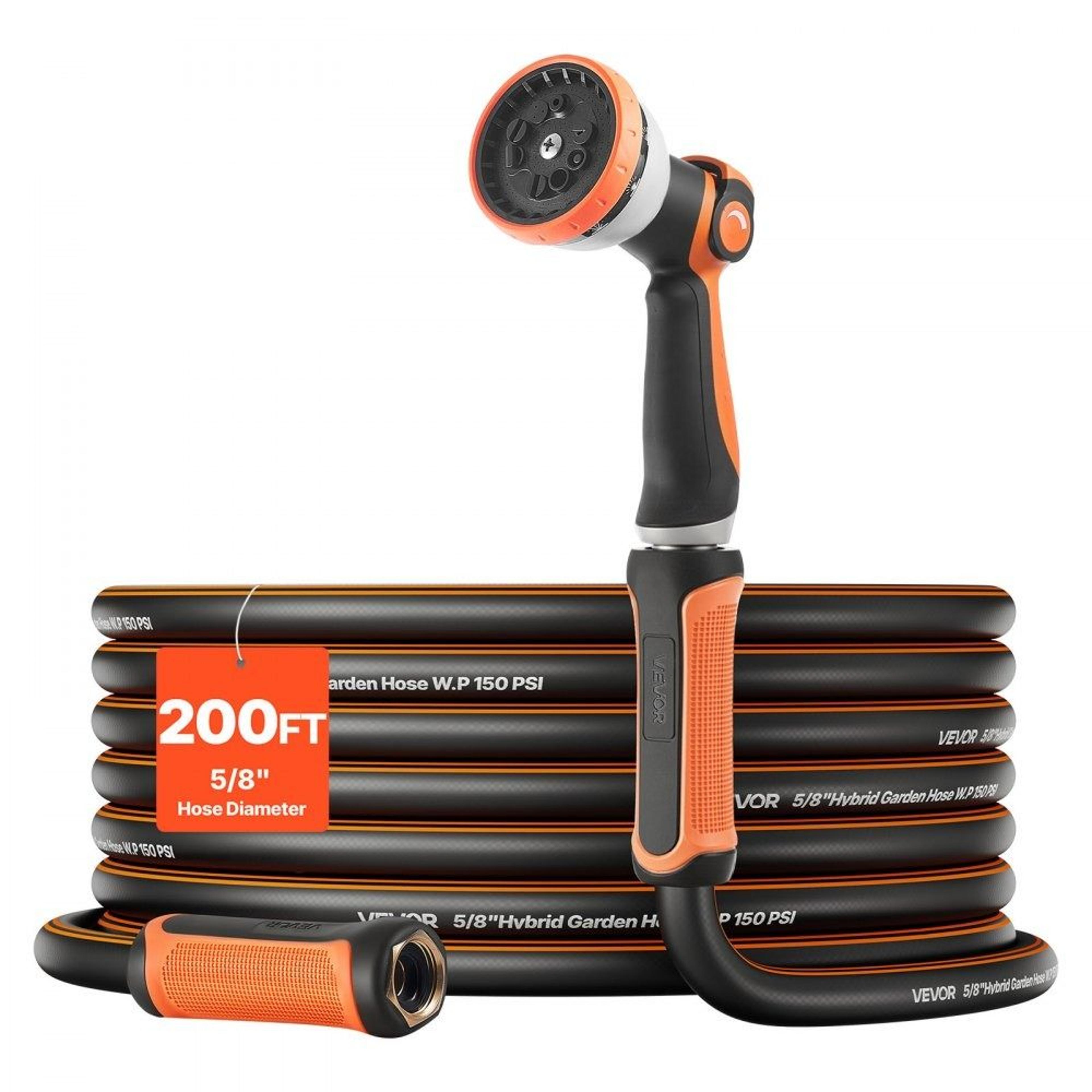 200ft heavy duty garden hose with 10-mode nozzle & non-kink flexible rubber design