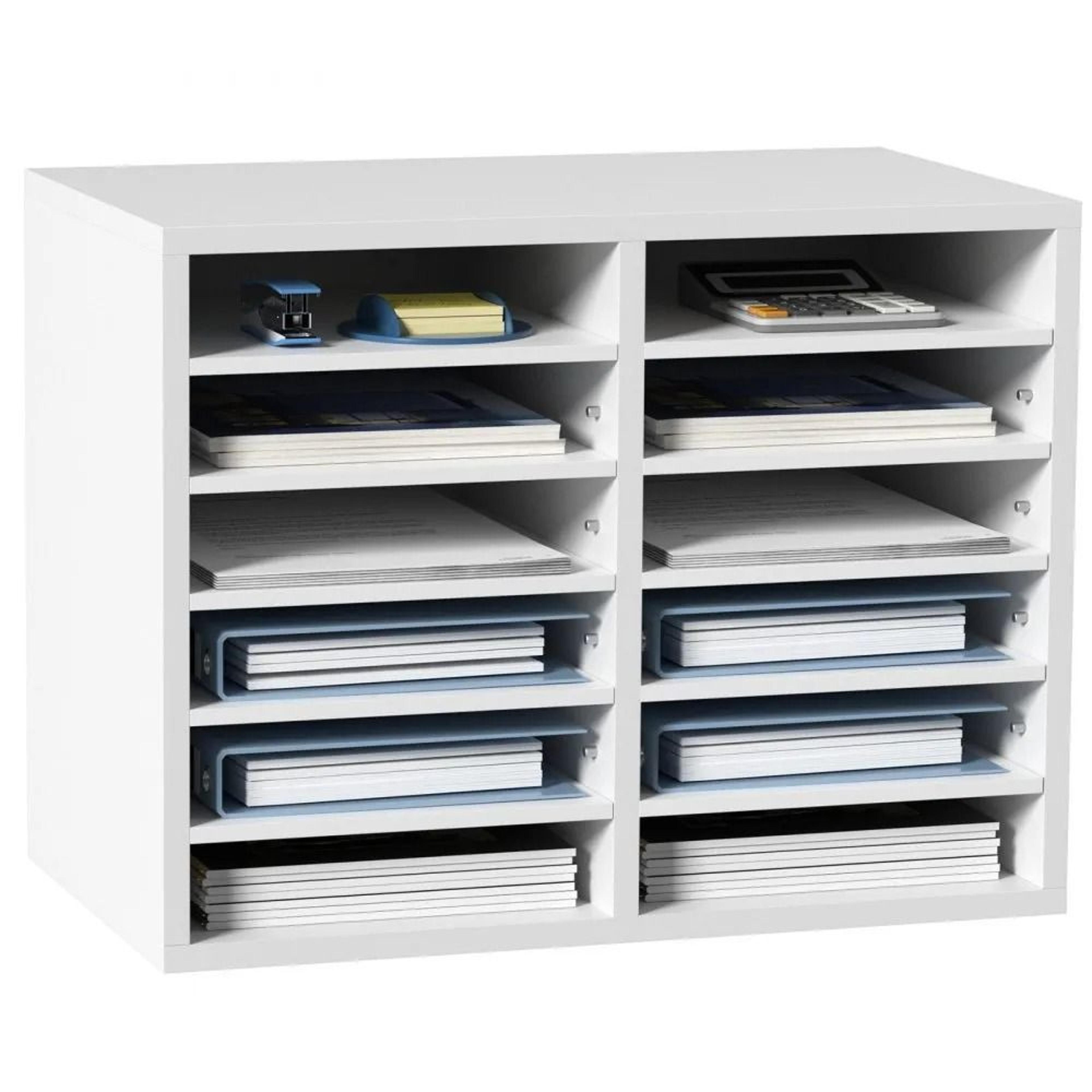 12-compartment wood literature organizer mail sorter with adjustable shelves for office & classroom