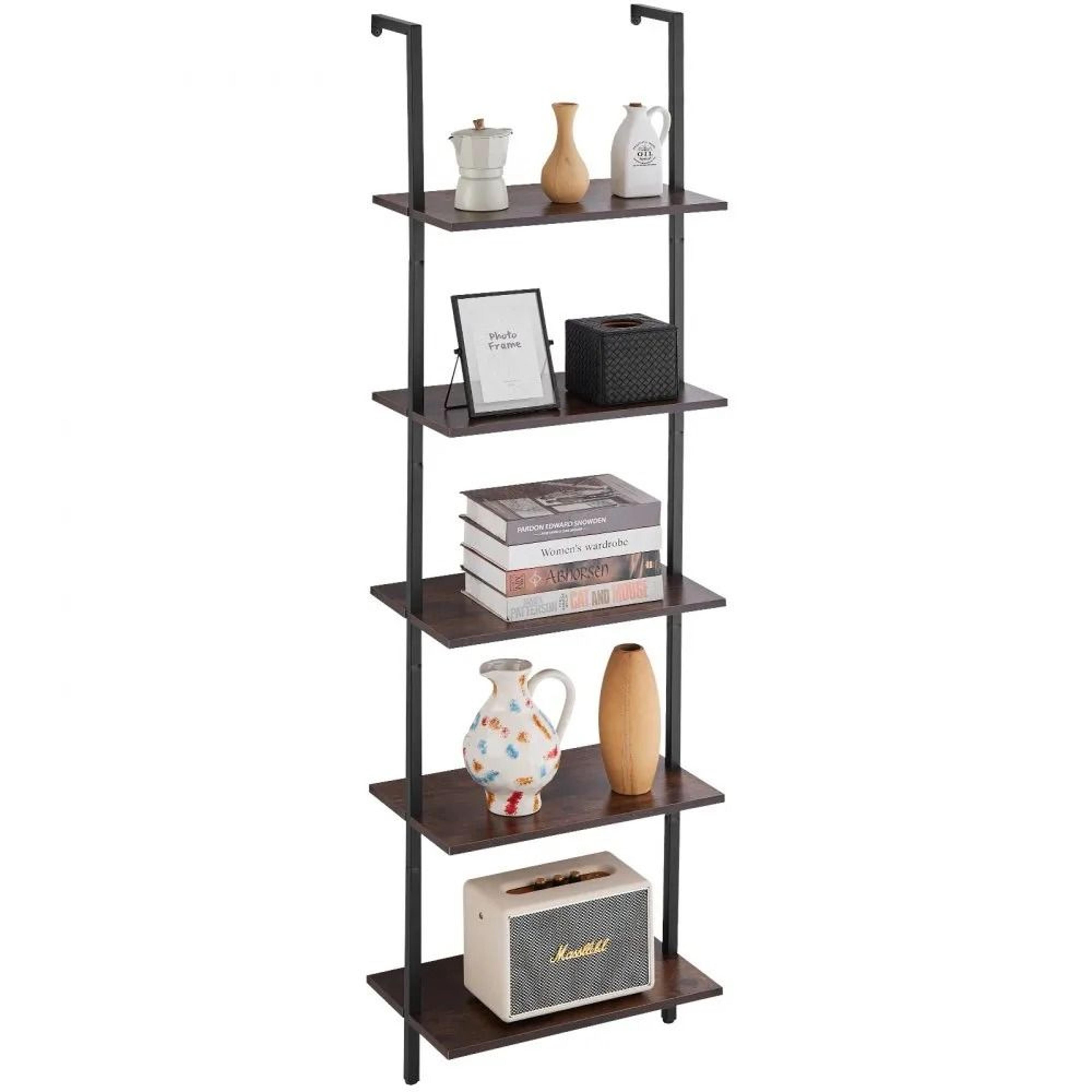 industrial wall mounted ladder shelf 5 tier rustic bookshelf for small spaces