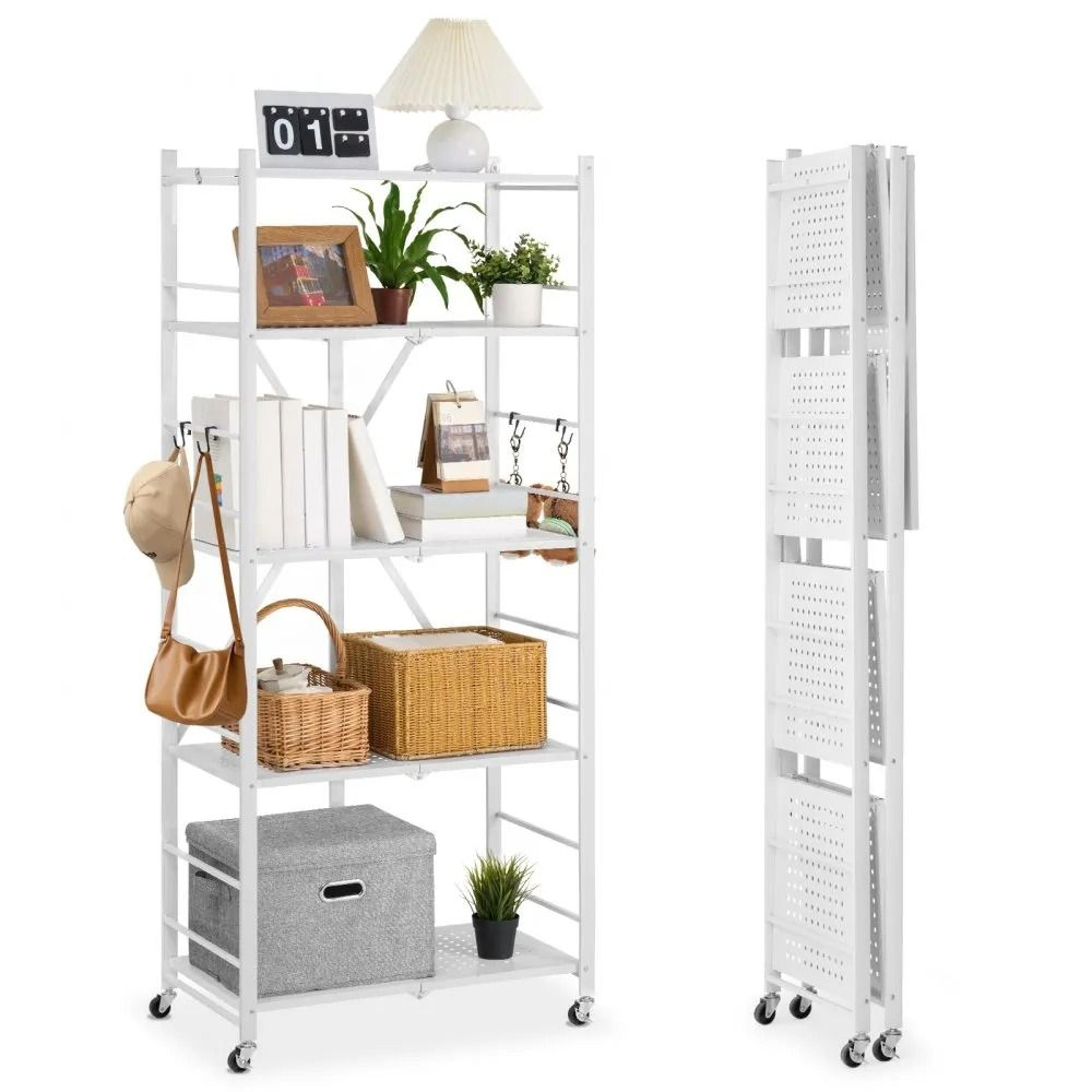 foldable 5-tier metal storage rack with wheels for kitchen, pantry & garage