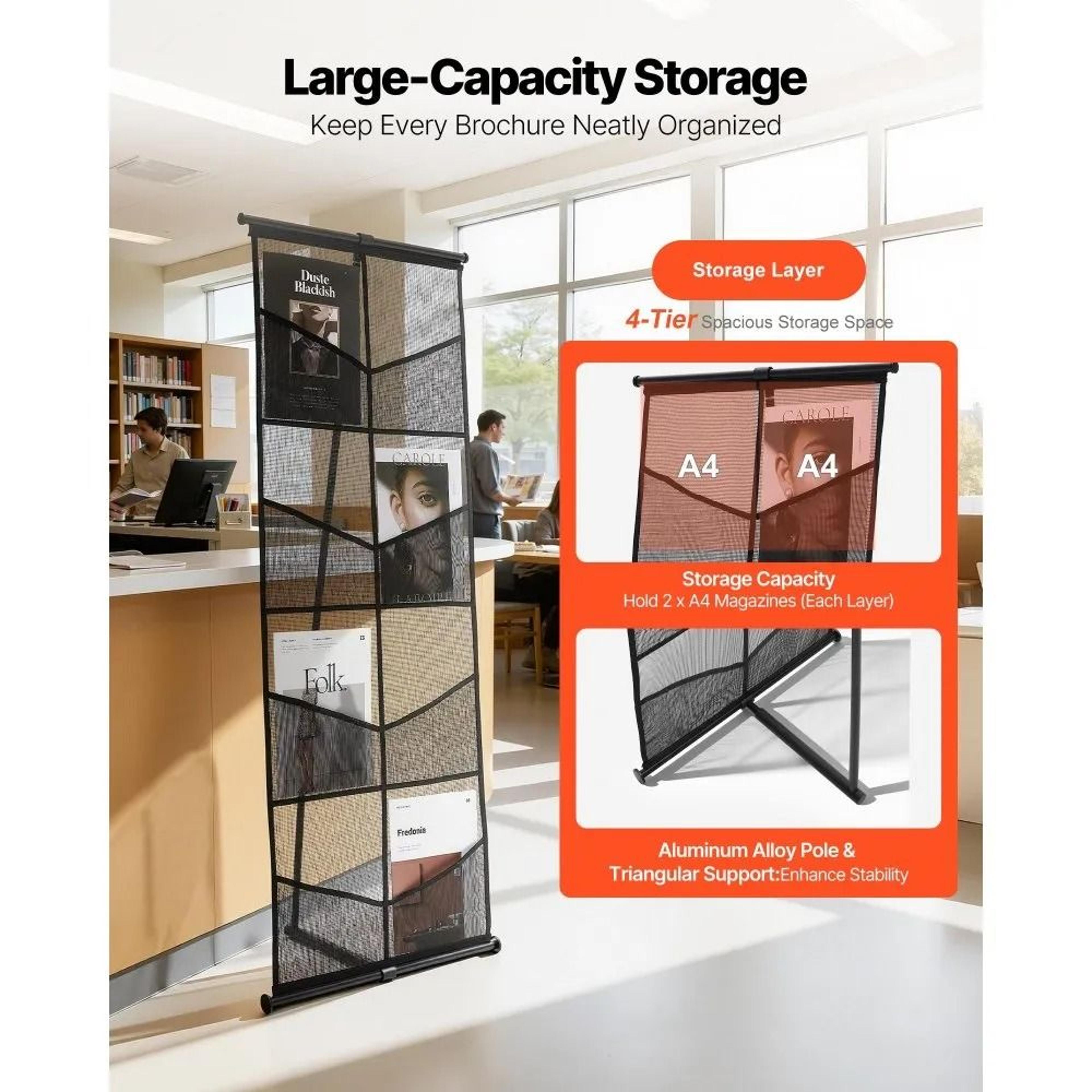Brochure Display Stand 4Tier Portable Literature Display Rack With 8 Mesh Pockets 1