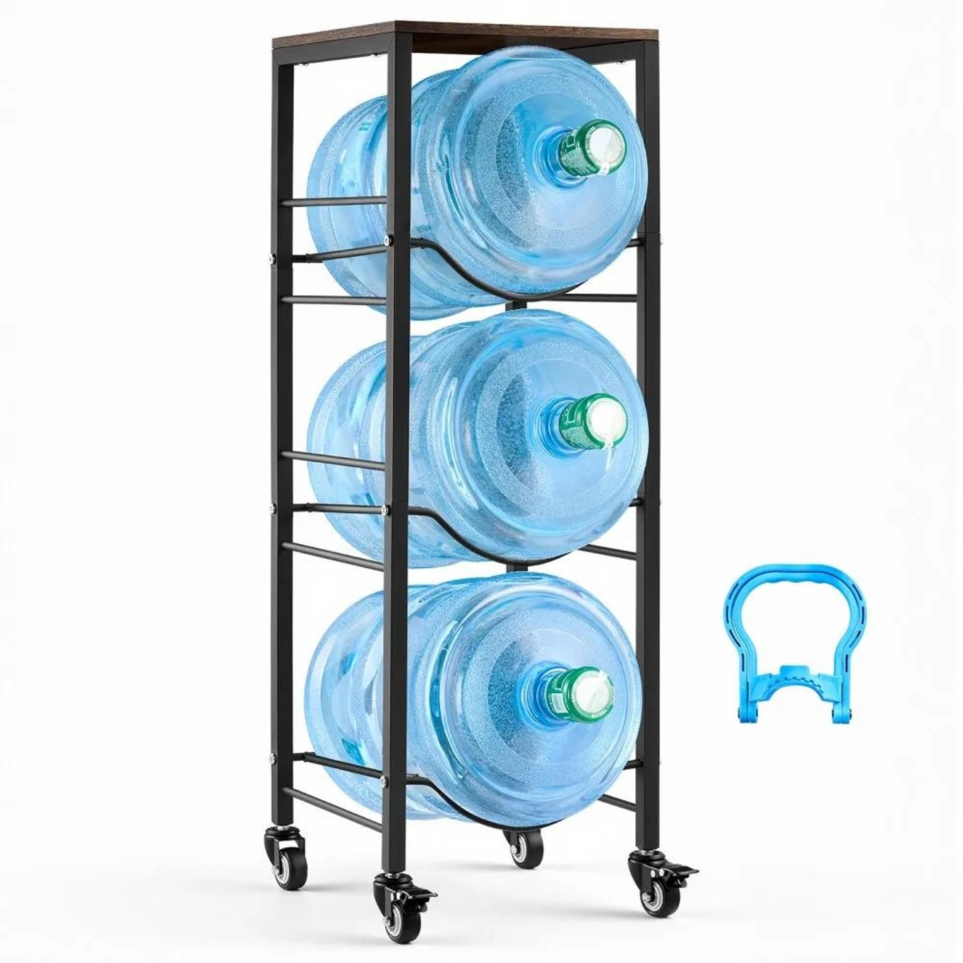4-tier water jug holder with storage shelf and casters for 3 & 5 gallon bottles