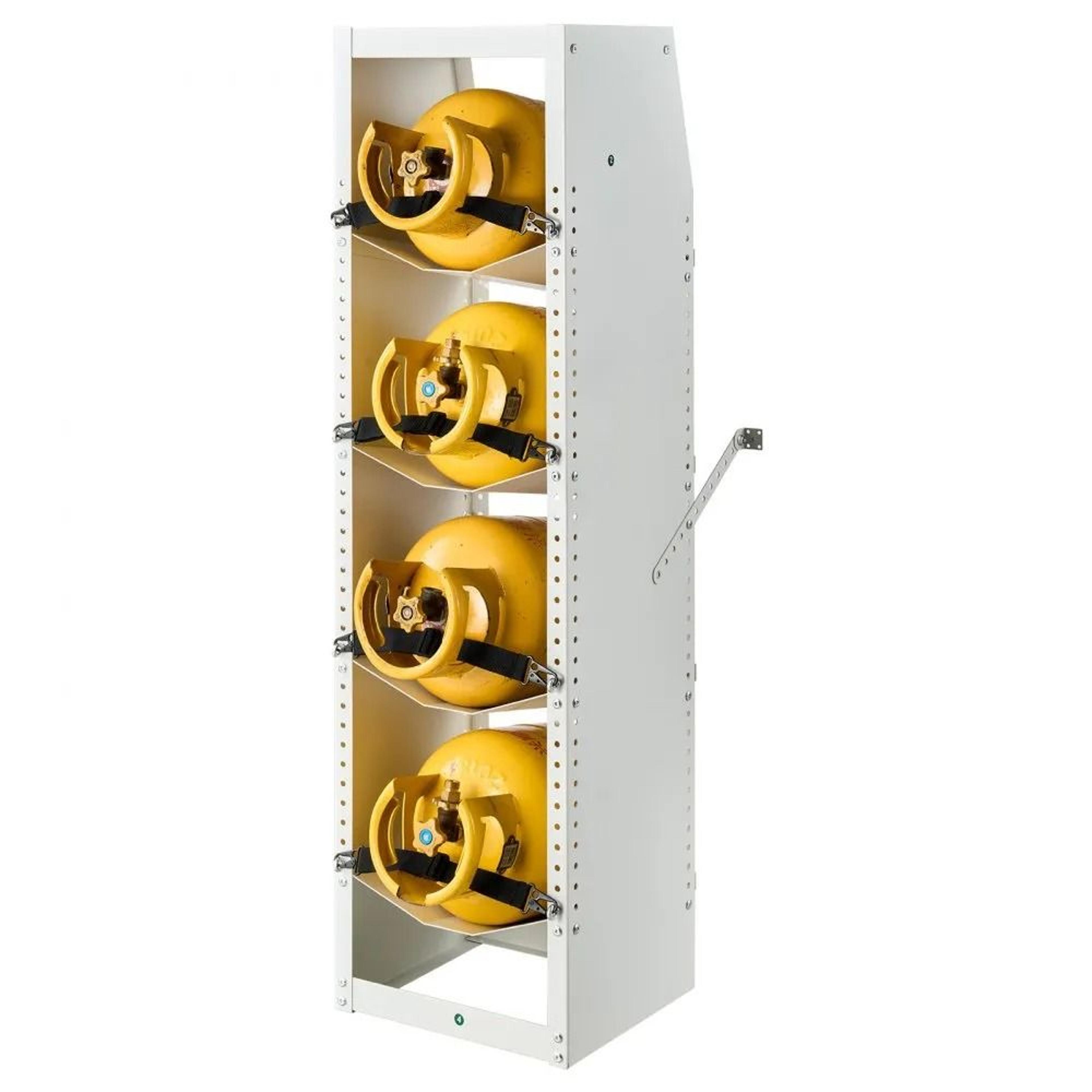 4-tier refrigerant tank rack with storage shelf for cargo vans and gas cylinder storage