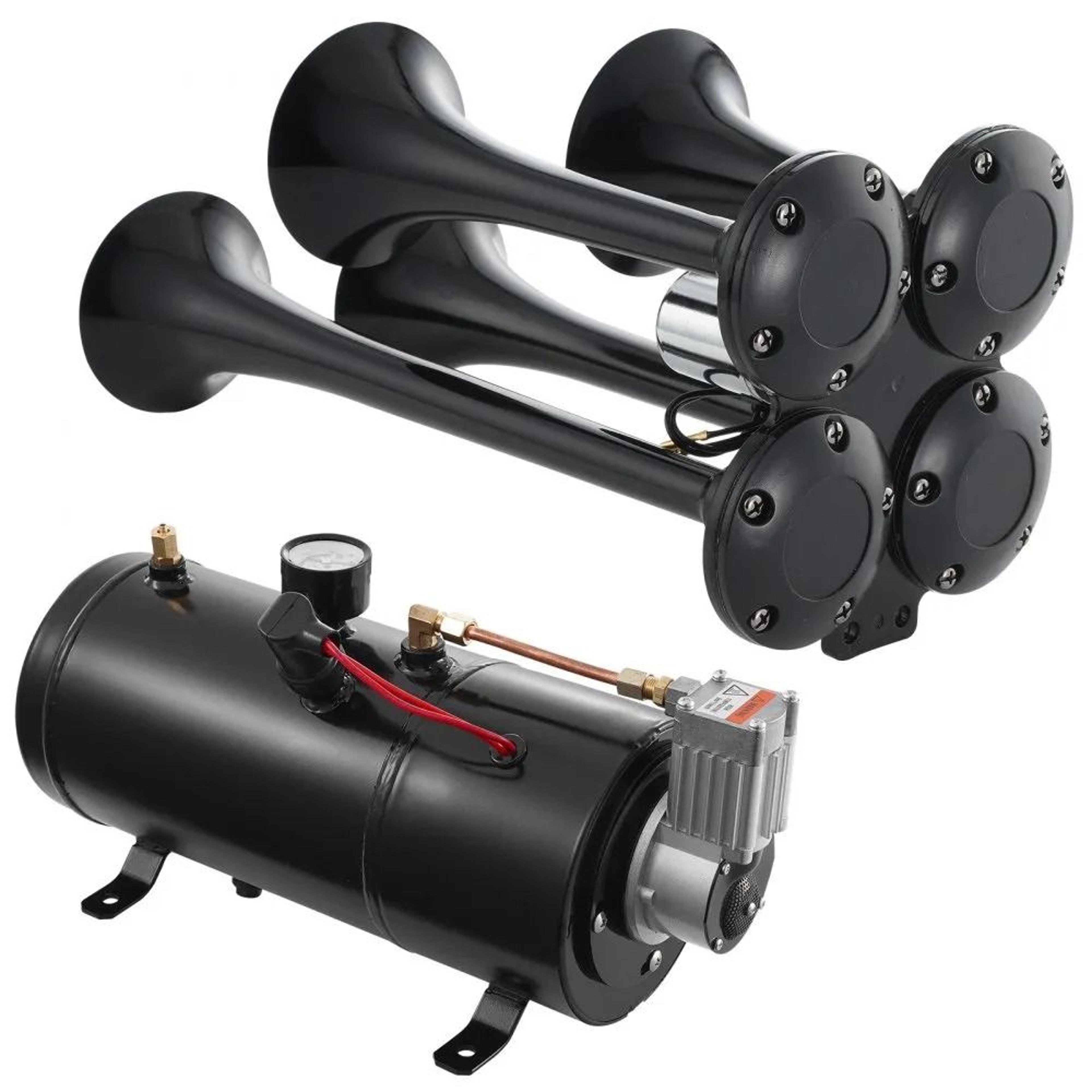 150db train horn kit with 4 trumpet air horns, 12v compressor & 0.8 gallon tank