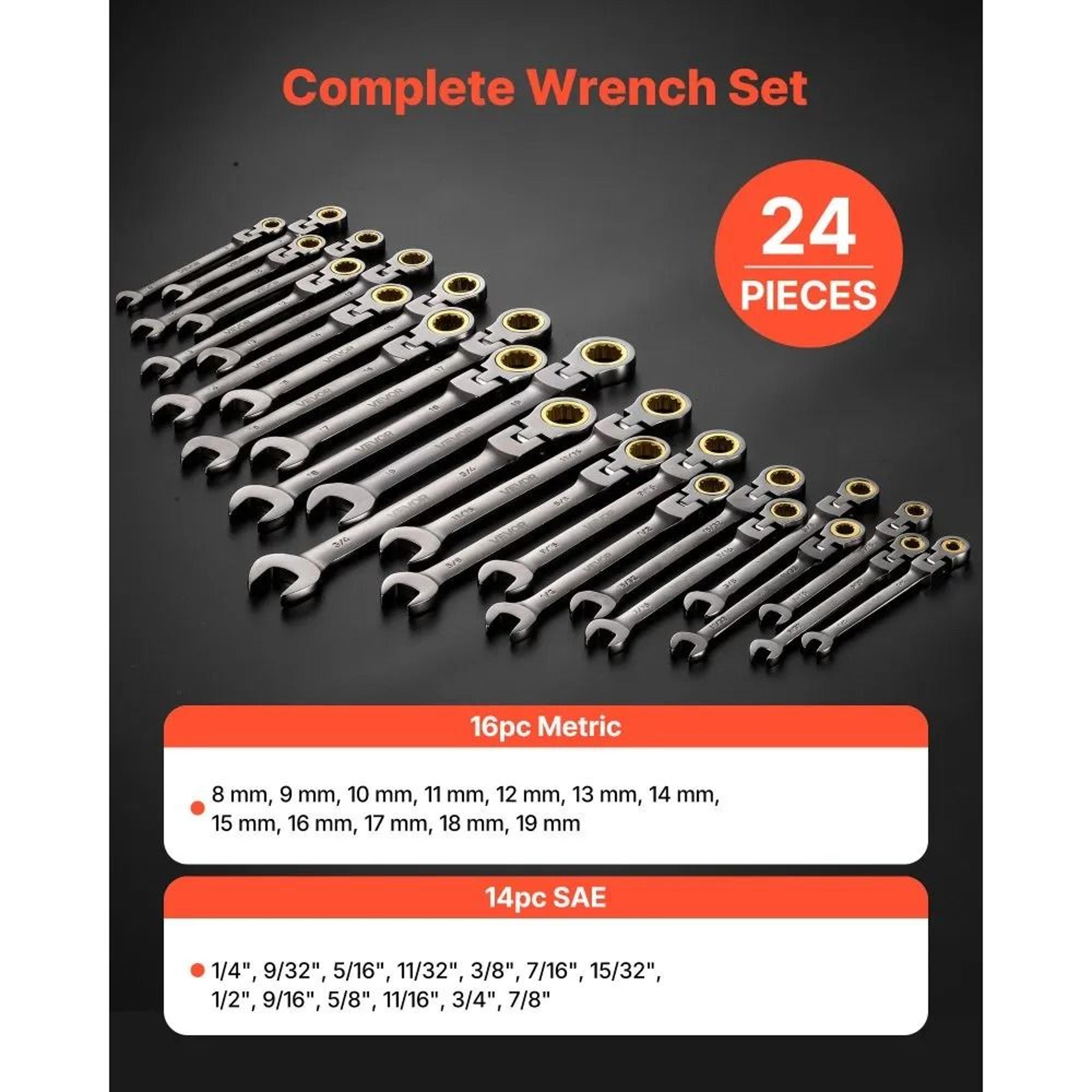 Flex Head Ratcheting Wrench Set 24 Piece SAE And Metric Tool Kit 1