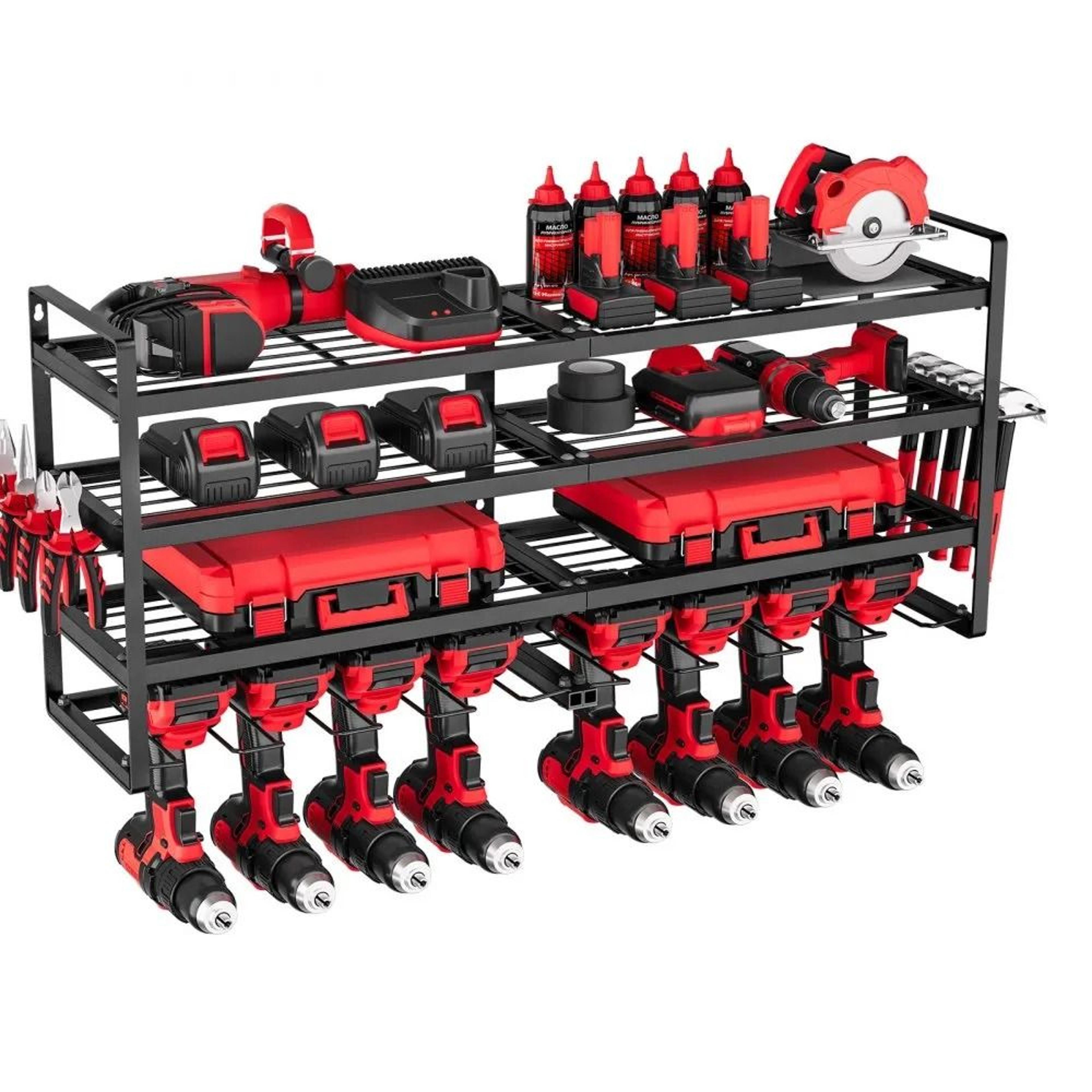 wall mount power tool organizer rack with 4 layers and 8 drill holders