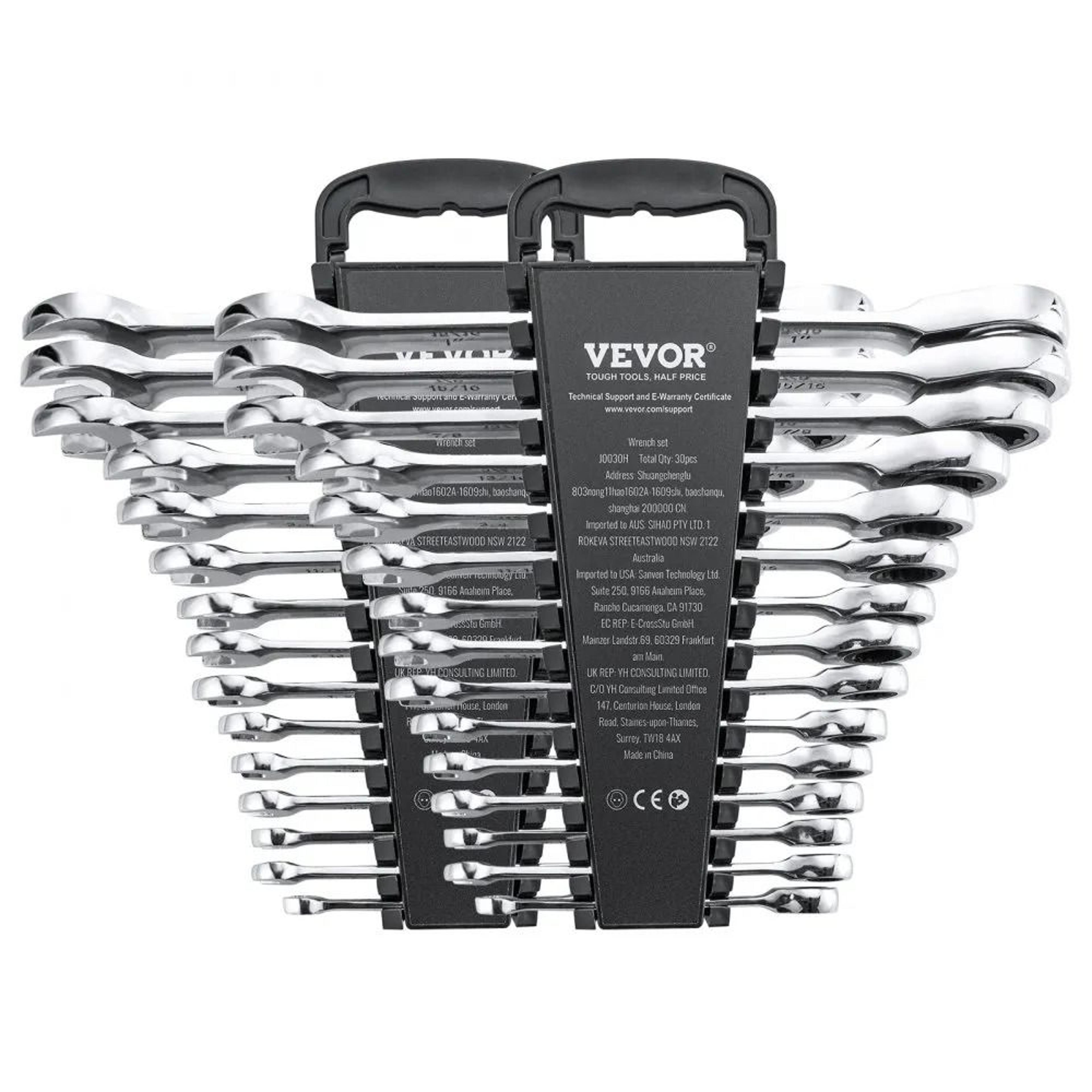 30 piece ratcheting wrench set with organizer rack cr v steel sae and metric combination wrenches