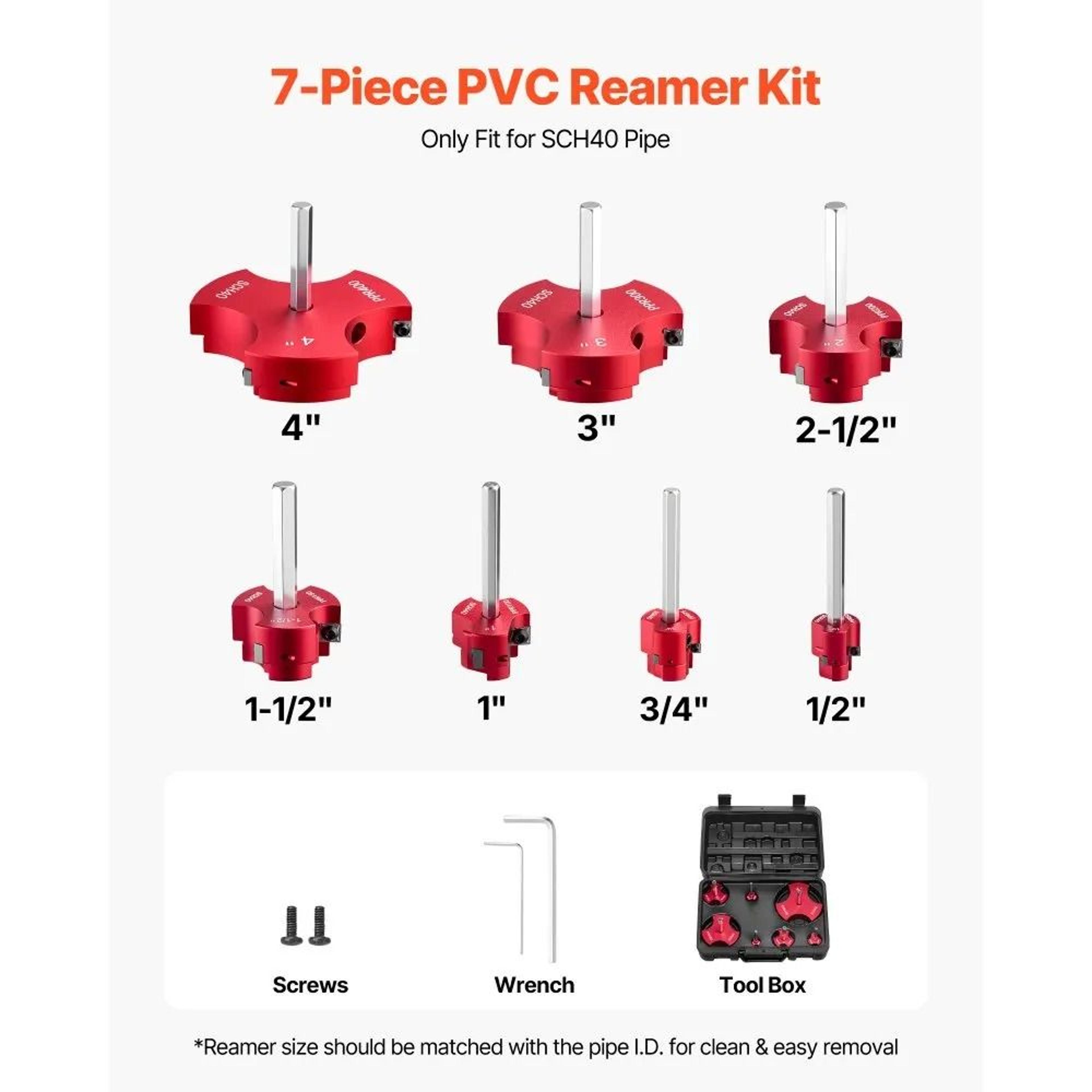 PVC Pipe Reamer Kit 7 Piece Fitting Socket Saver Tool Set For Plumbing Repairs 7