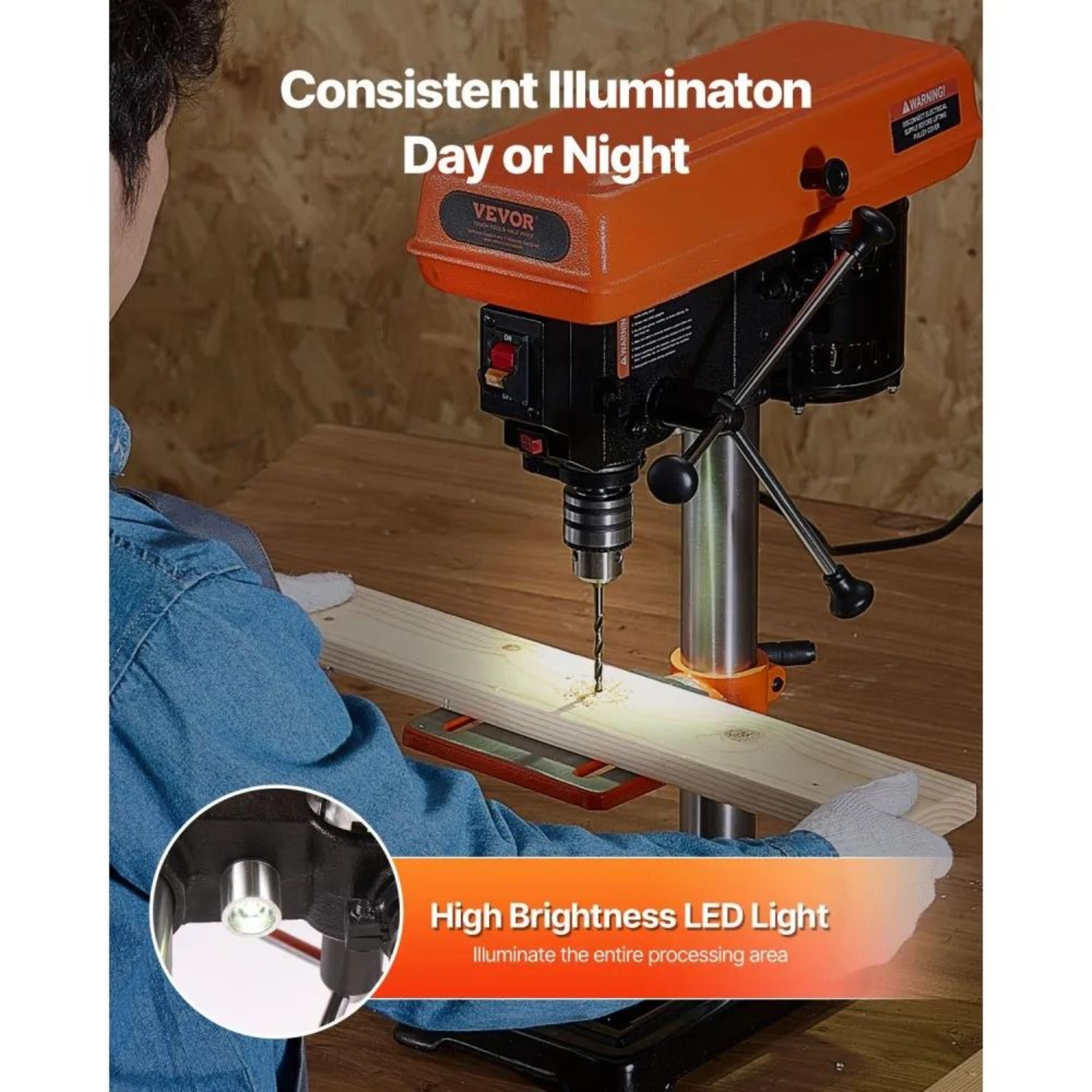 8 Inch Benchtop Drill Press With Adjustable Speed And LED Work Light 4